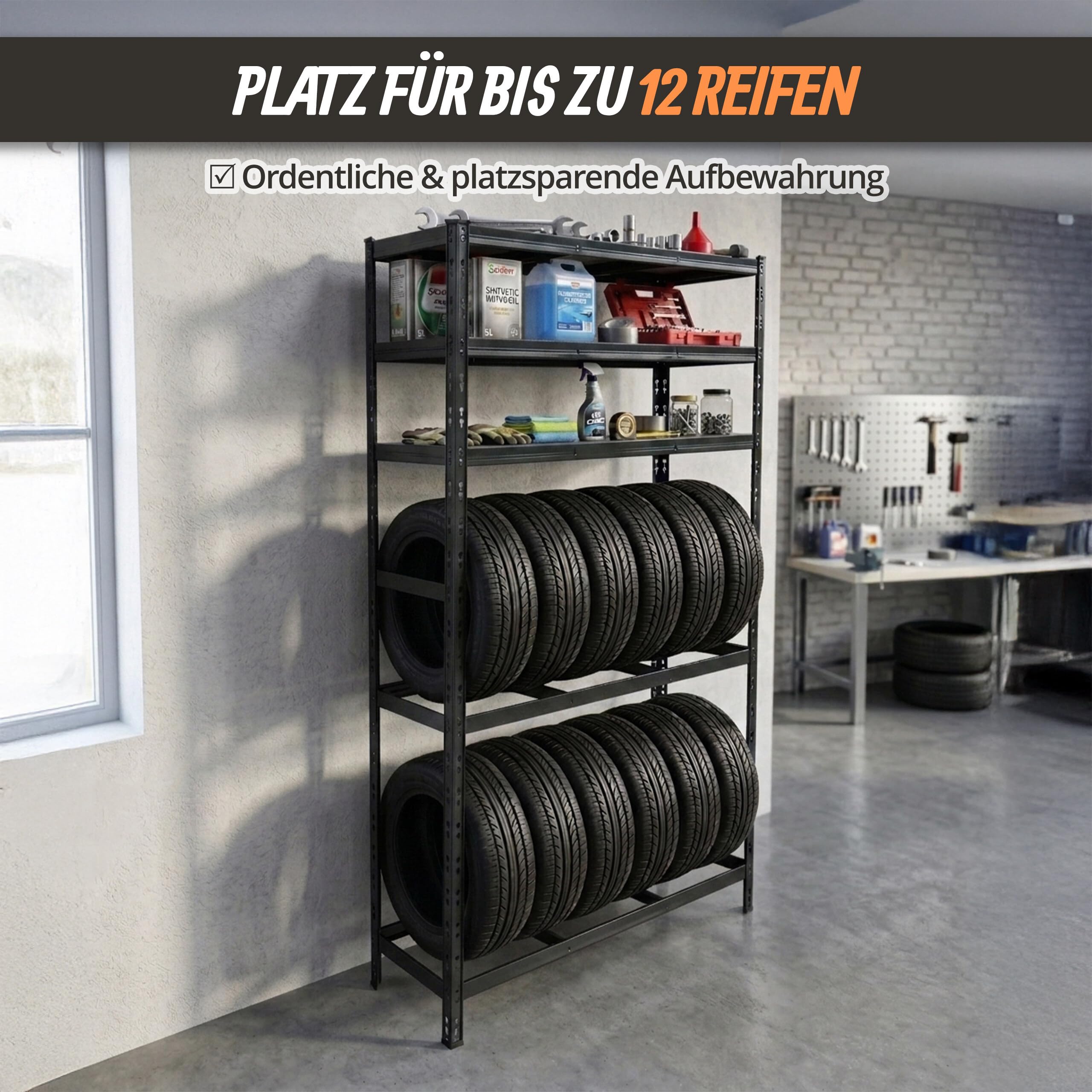 Relaxdays Reifenregal für 12 Reifen, HxBxT 210 x 120 x 40 cm, 750 kg, Stahl, Stecksystem, Reifenlager Werkstatt, schwarz