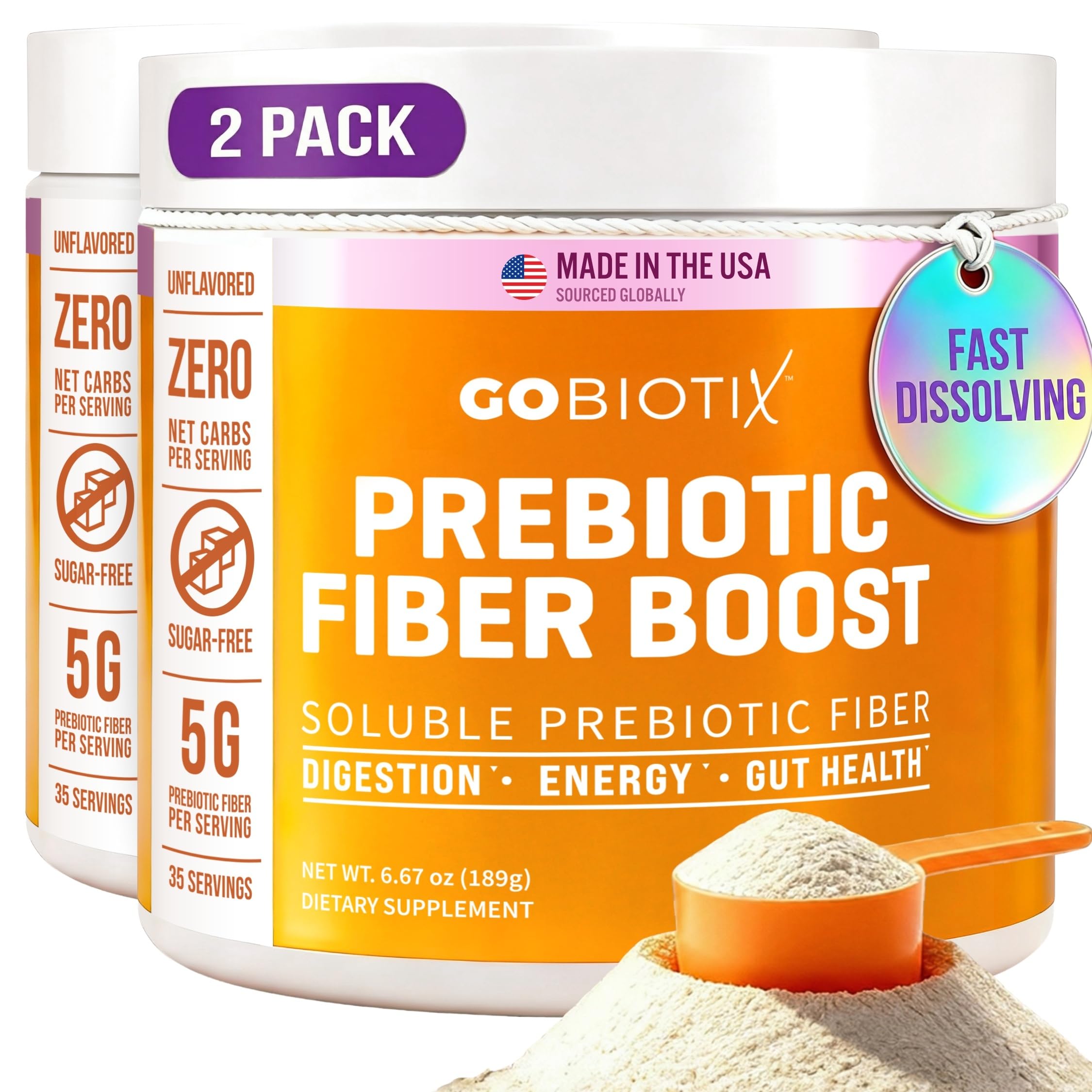 GoBiotix Fiber Supplement Powder with Prebiotics for Digestive Health and GLP-1 Support, Soluble Fiber for Gut Health & Debloat, Keto, Vegan, Gluten & Sugar Free, 35 Servings (2 Pack)