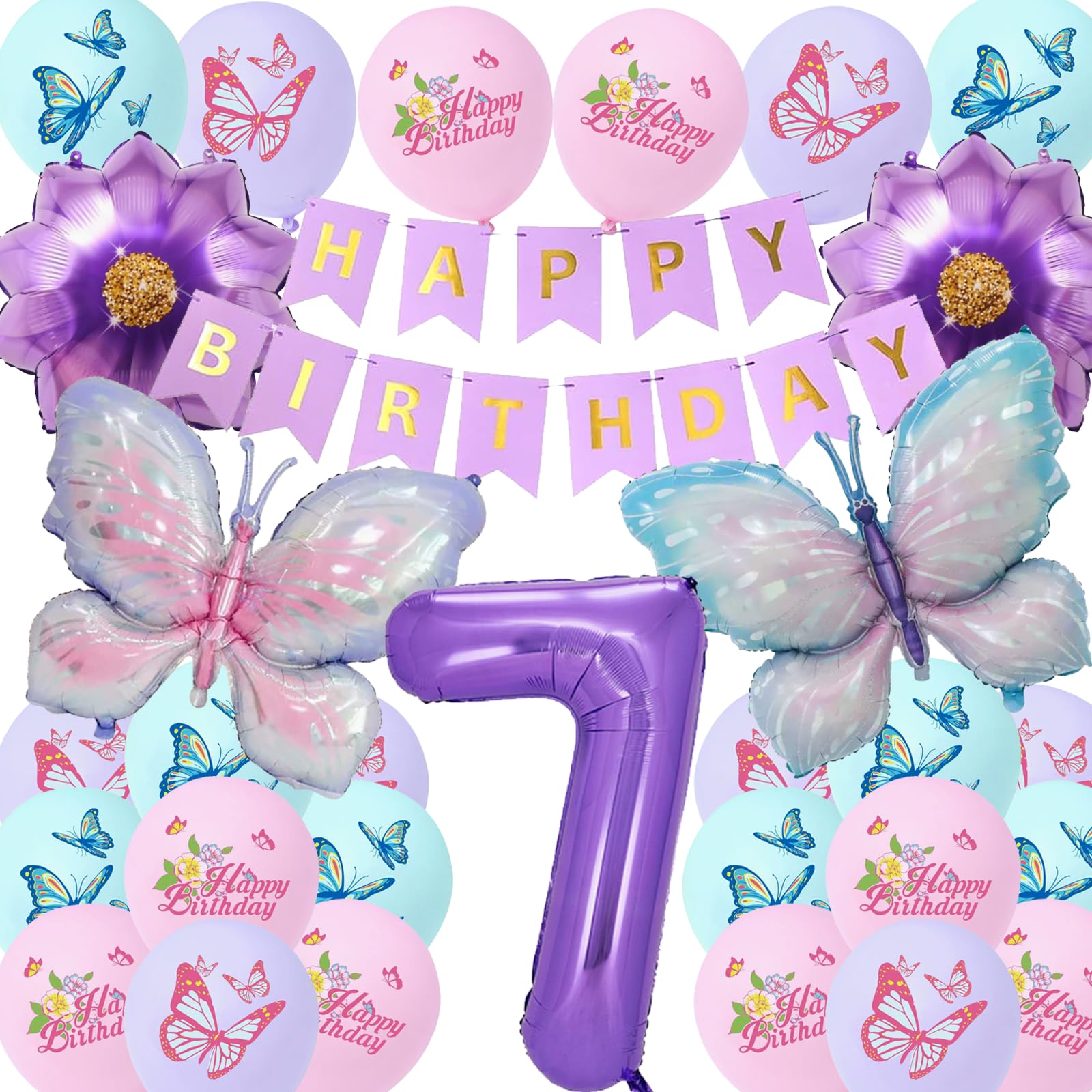 7th Birthday Decorations Girls Butterfly Balloons - 30 Pcs Purple Number 7, Butterfly & Flower Foil Balloon Set, Birthday Party Supplies for 7 Year Old