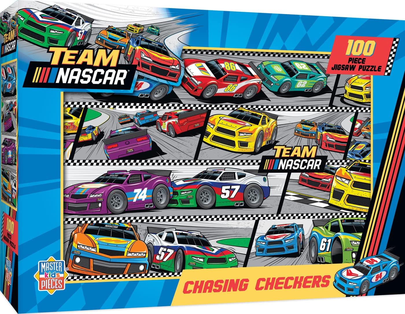 MasterPieces 100 Piece Jigsaw Puzzle for Kids - NASCAR Chasing Checkers Game - 14" x 19" - Team NASCAR Toys - Ages 6+