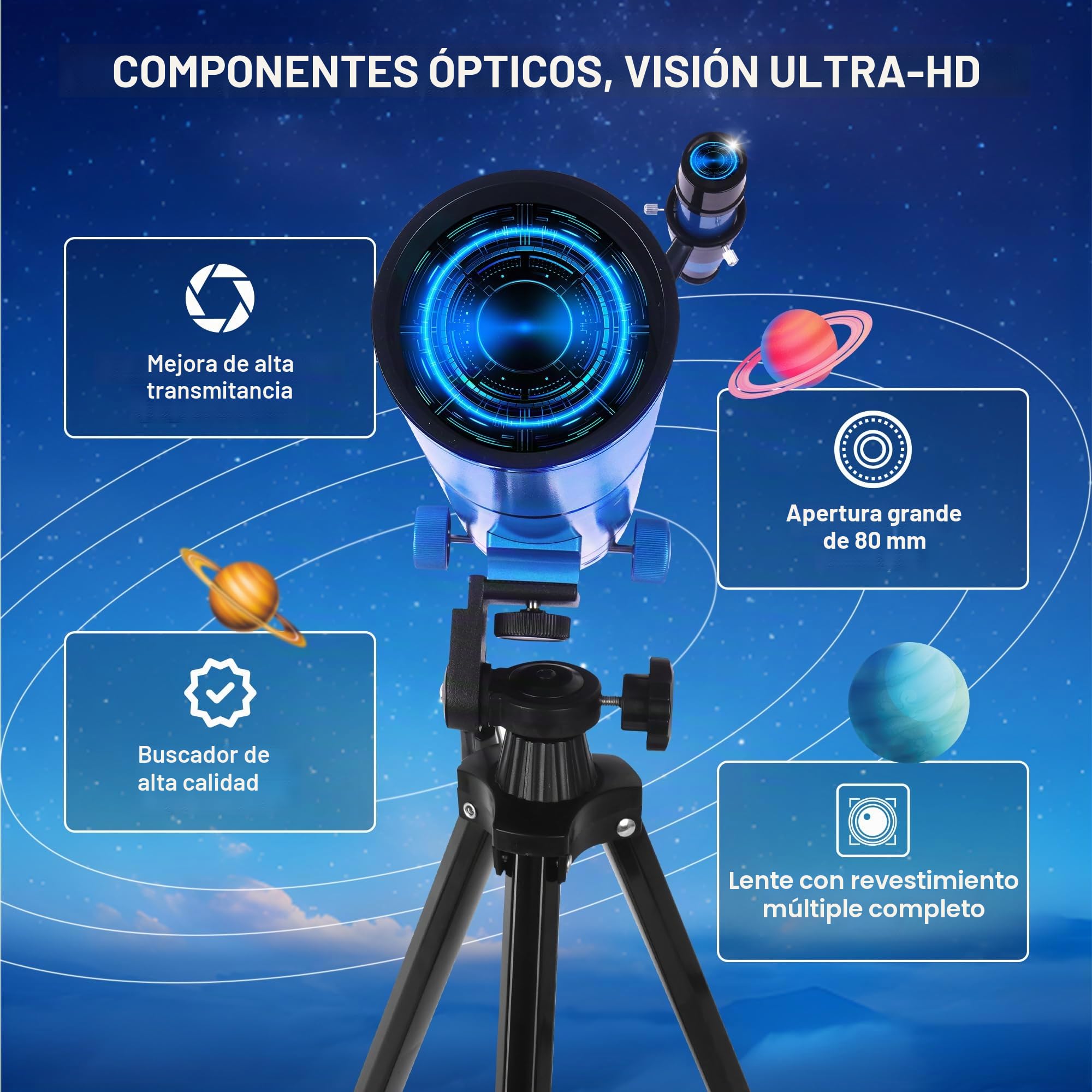 Telescopio para Adultos y niños – 80500 Refractor Telescopio para Principiantes – Portátil con Mochila, Soporte para teléfono – Versión Azul eléctrico