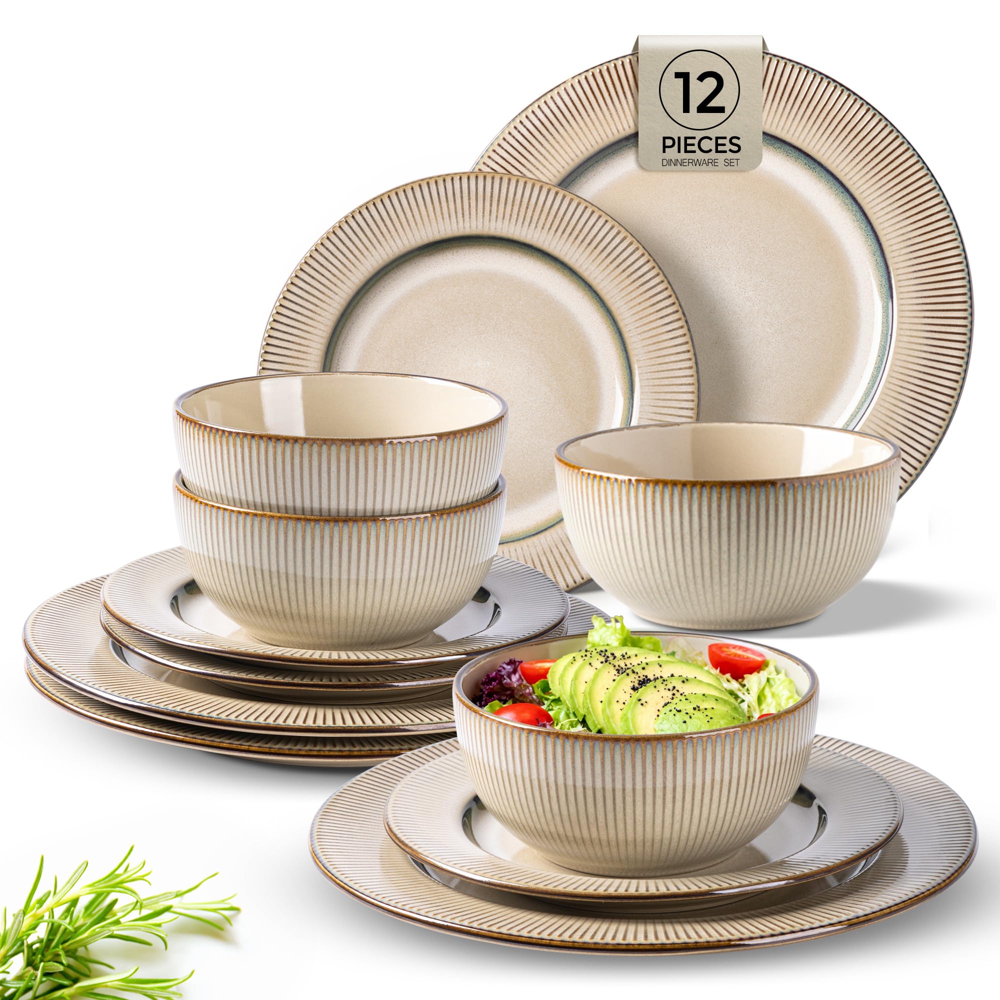 GBHOME Ceramic Dinnerware Sets of 4,12 pcs Plates and Bowls Sets Dishes