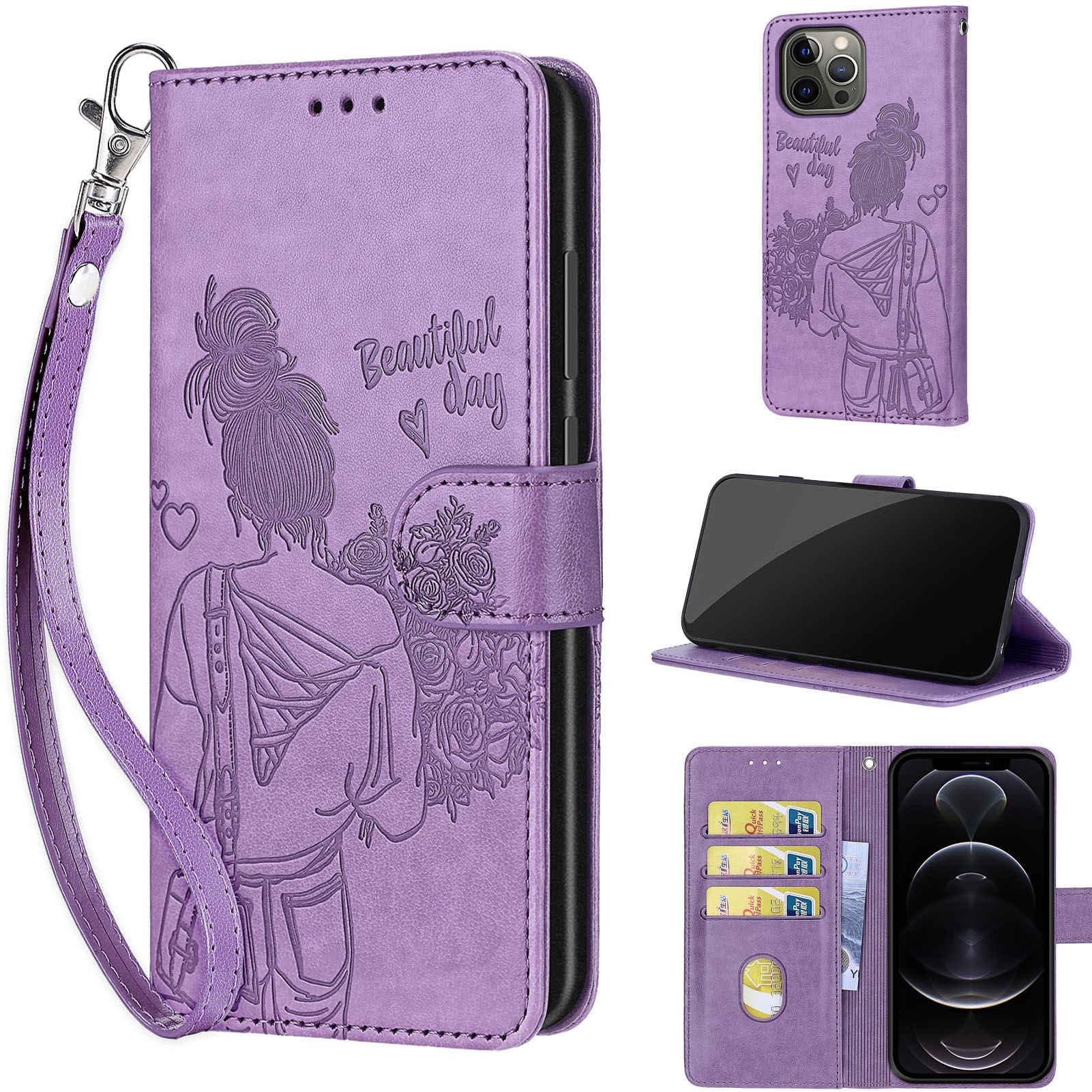 KENHONER Designed for iPhone 13 Pro Max Case Wallet,Women Flip Folio Cover with Embossed PU Leather Stand Credit Card Holders Slots Wrist Strap Phone