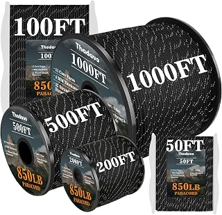 Thadavo Reflective Paracord Rope 850Ib, 50/100/200/500/1000ft 4MM 11 Strand para Cords Lanyard Utility Parachute Cord for Tent Camping Hiking Survival Tactical Clothesline DIY Projects, Black 100FT
