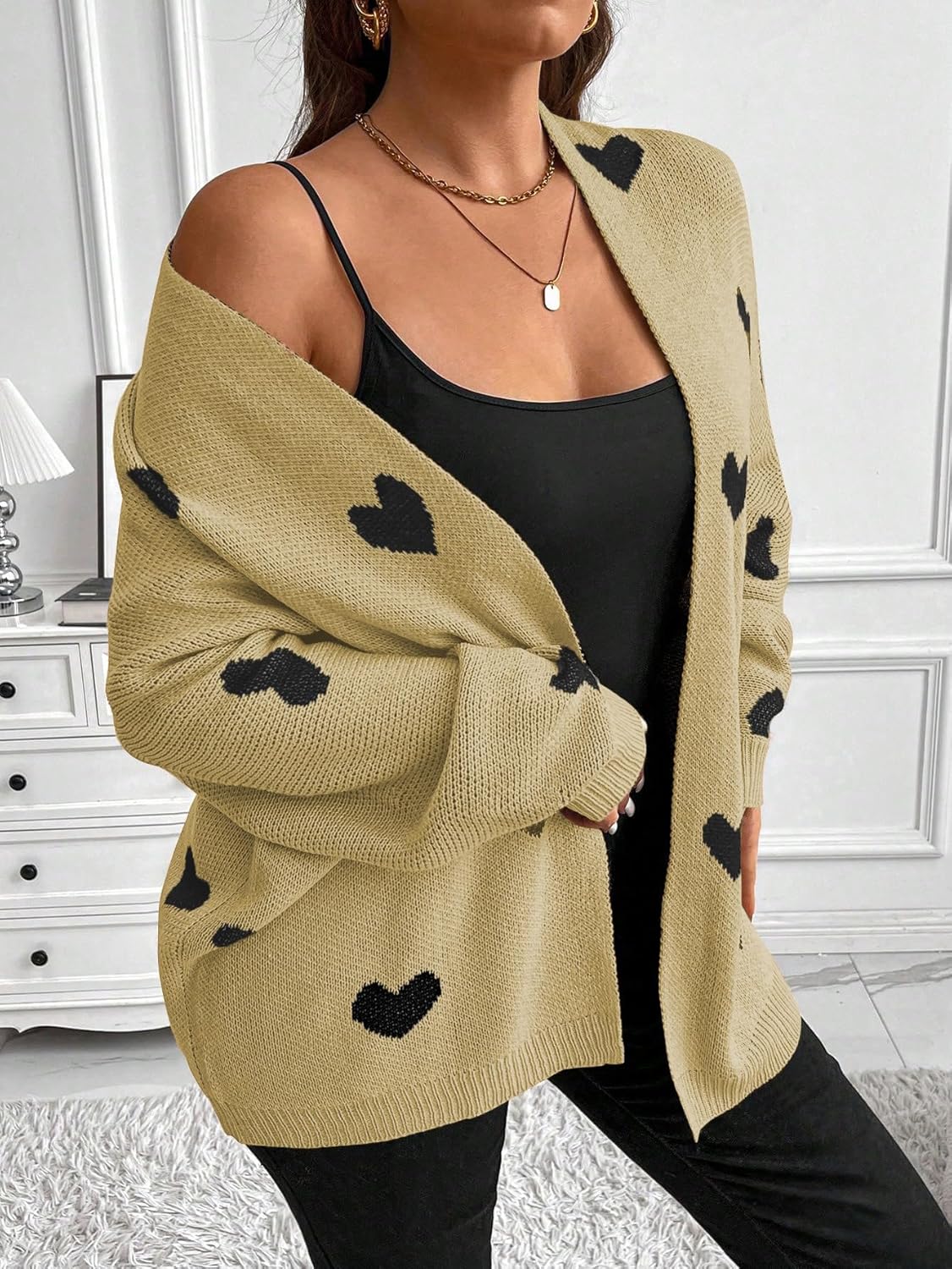 Women's Heart Pattern Open Front Cardigan, Knit Sweater with Hearts, Long Sleeve Casual Style - Image 3