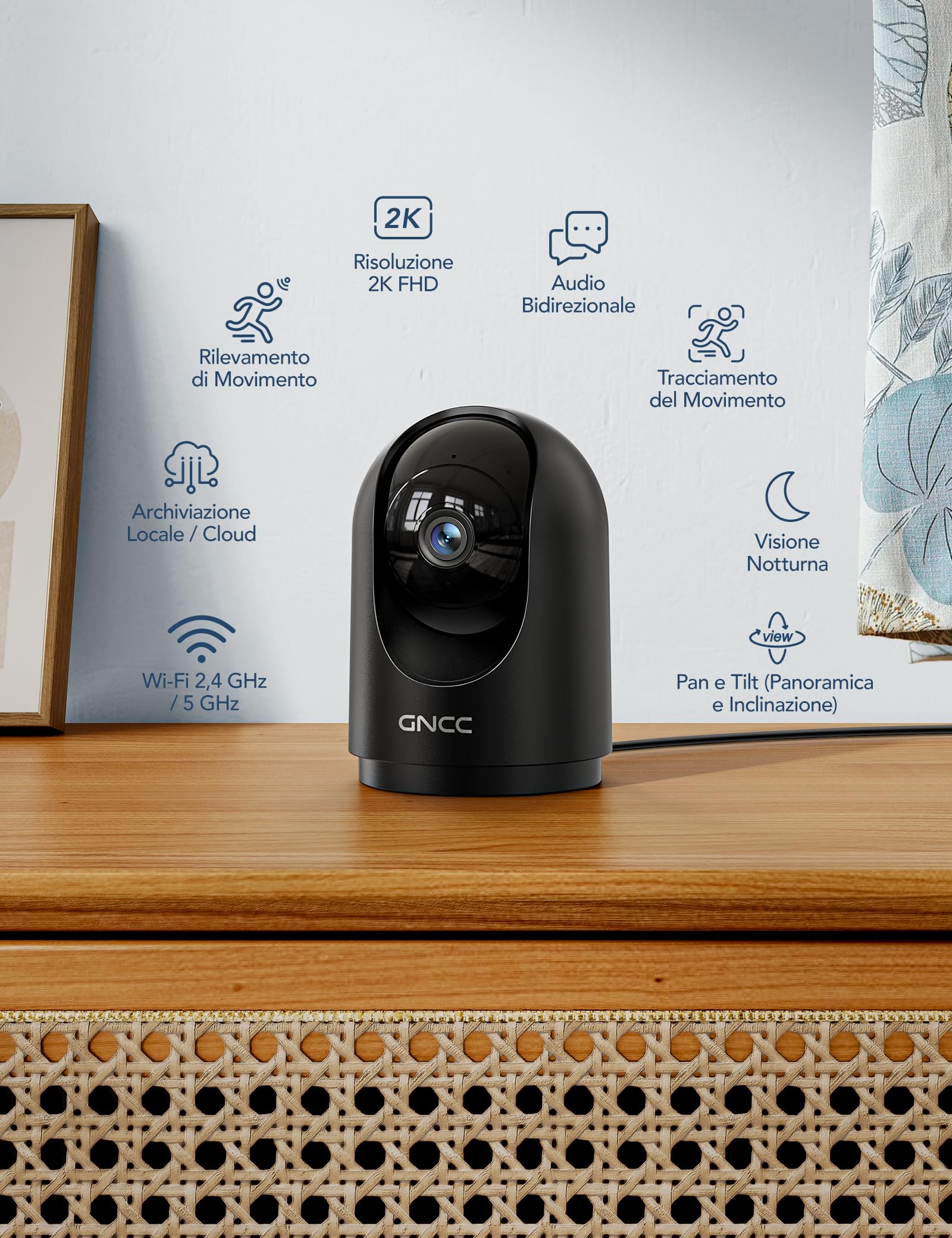GNCC 2K Telecamera WiFi Interno 2.4/5GHz Visione Notturna Nero(Pack da 1) — immagine 2 di 16