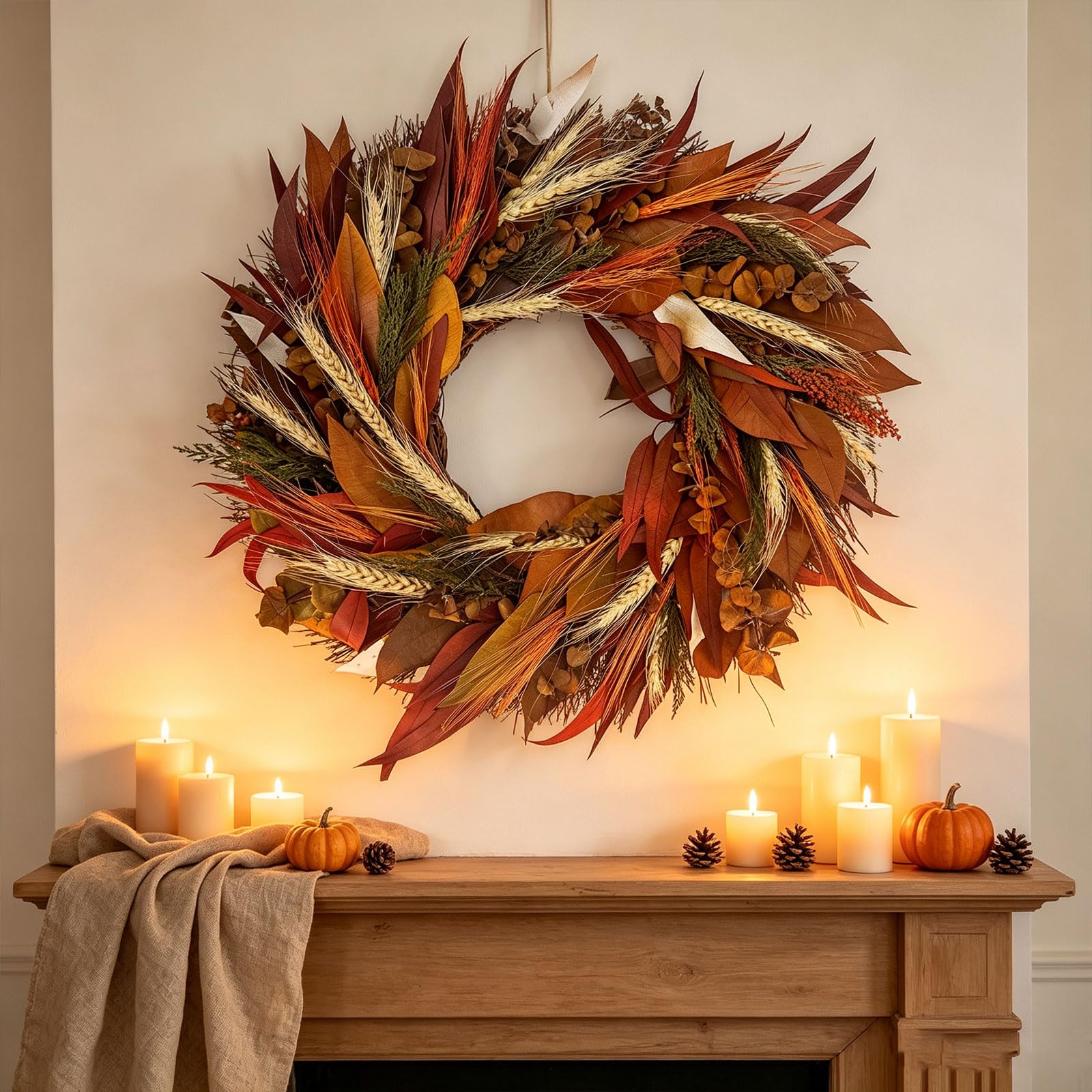 Künstlicher Herbst Türkranz mit Weizenähren und bunten Herbstblättern, 30-50cm Erntedankfest Kranz, Ernte Dekokranz für Haustür, Wand, Bauernhaus, Thanksgiving, Innen & Außen Dekoration (50 cm)