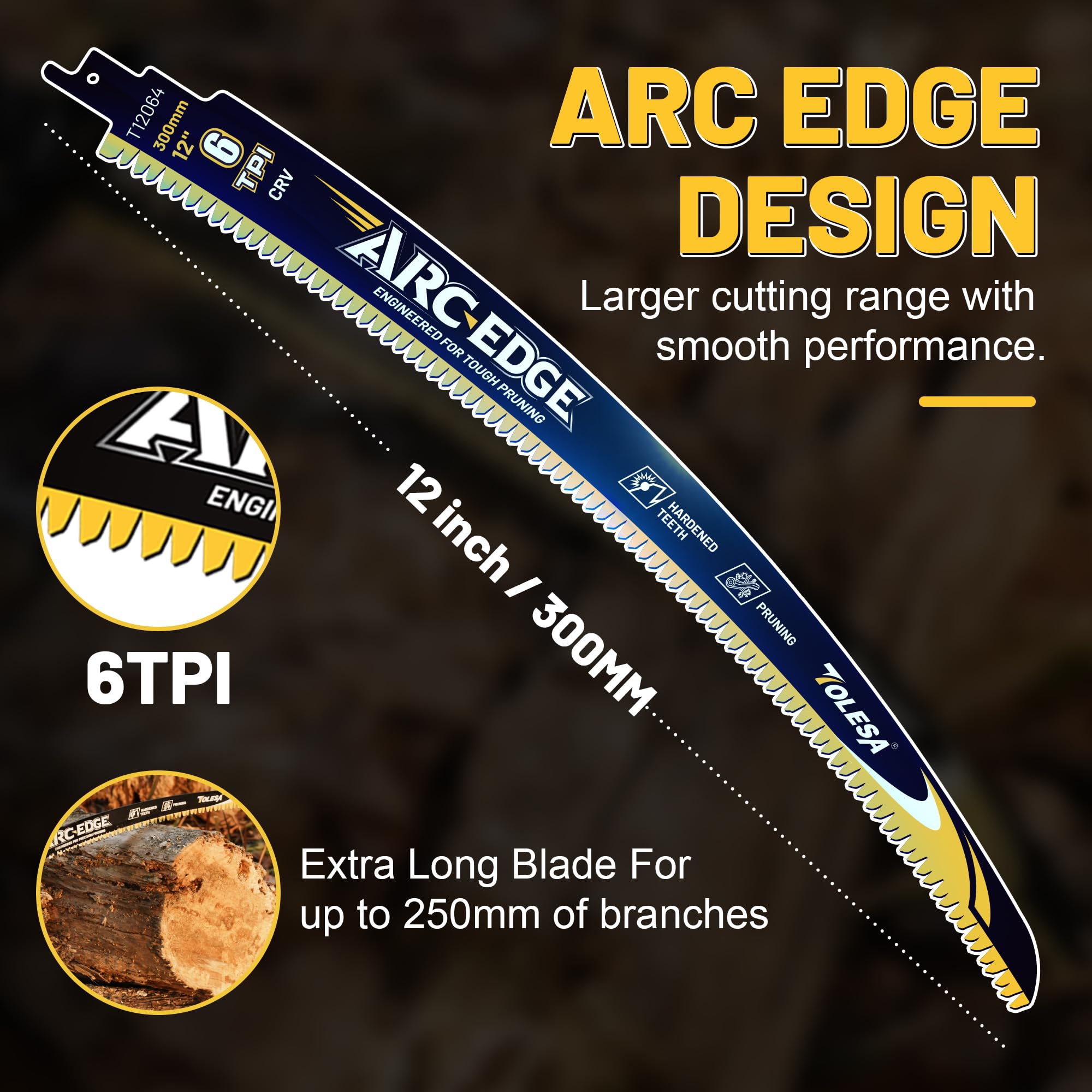 TOLESA Japanese Teeth Reciprocating Saw Blade 300mm, Arc Edge Wood Pruning Saw Blades 6TPI for Tree Trimming&Wood Cutting (3-Pack) - Image 2