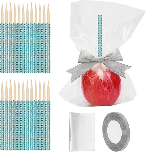 Anglecai 24P Bling Stick - Juego de 48+1 unidad Candy Apple Rhinestone Brochetas de madera, con 24 bolsas, 1 cinta con purpurina de 25 yardas,