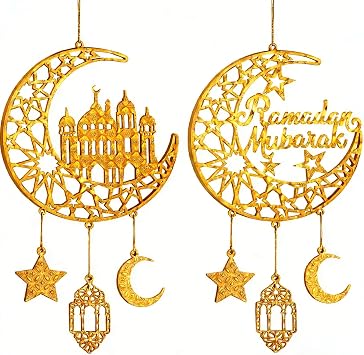 Ramadan Decorations, Ramadan Mubarak Moon & Mosque Wooden Hanging Decorations Gold Crescent Moon & Star Decor, Eid Ramadan Decorations for Home Party Door Windows, Ramadan Wall Art Sign