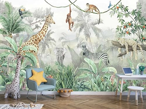 Papel tapiz infantil con diseño de niveles tropicales y animales de safari para pared, dormitorio, sala de estar, fondo de TV, sofá (no autoadhesivo)