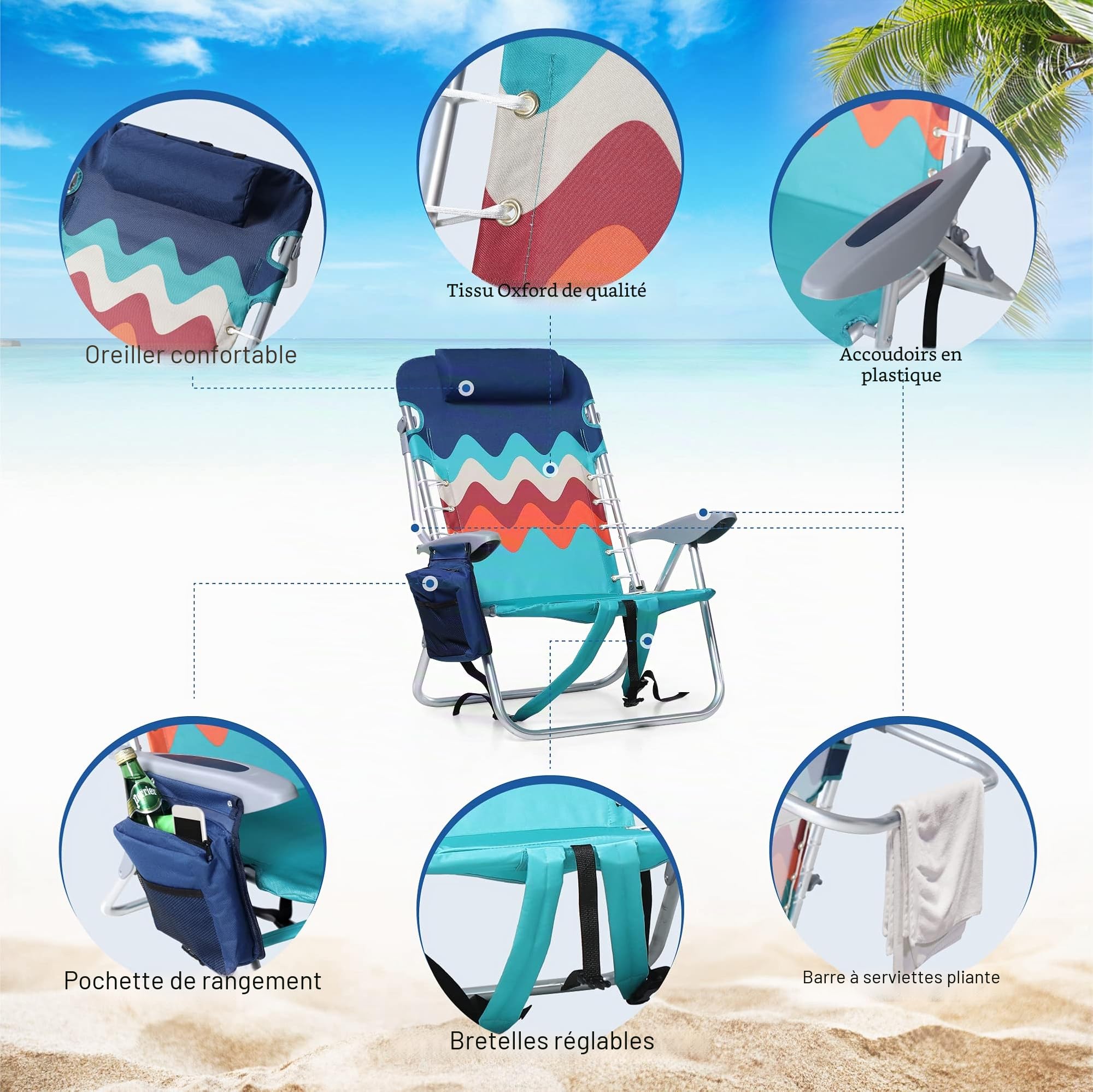 LET'S CAMP Lot de 2 Chaises de Plage Classiques à 4 Positions | Coussin et Bretelles rembourrées, Pochette de Rangement et Barre Tour, Supporte 120 kg, Vague