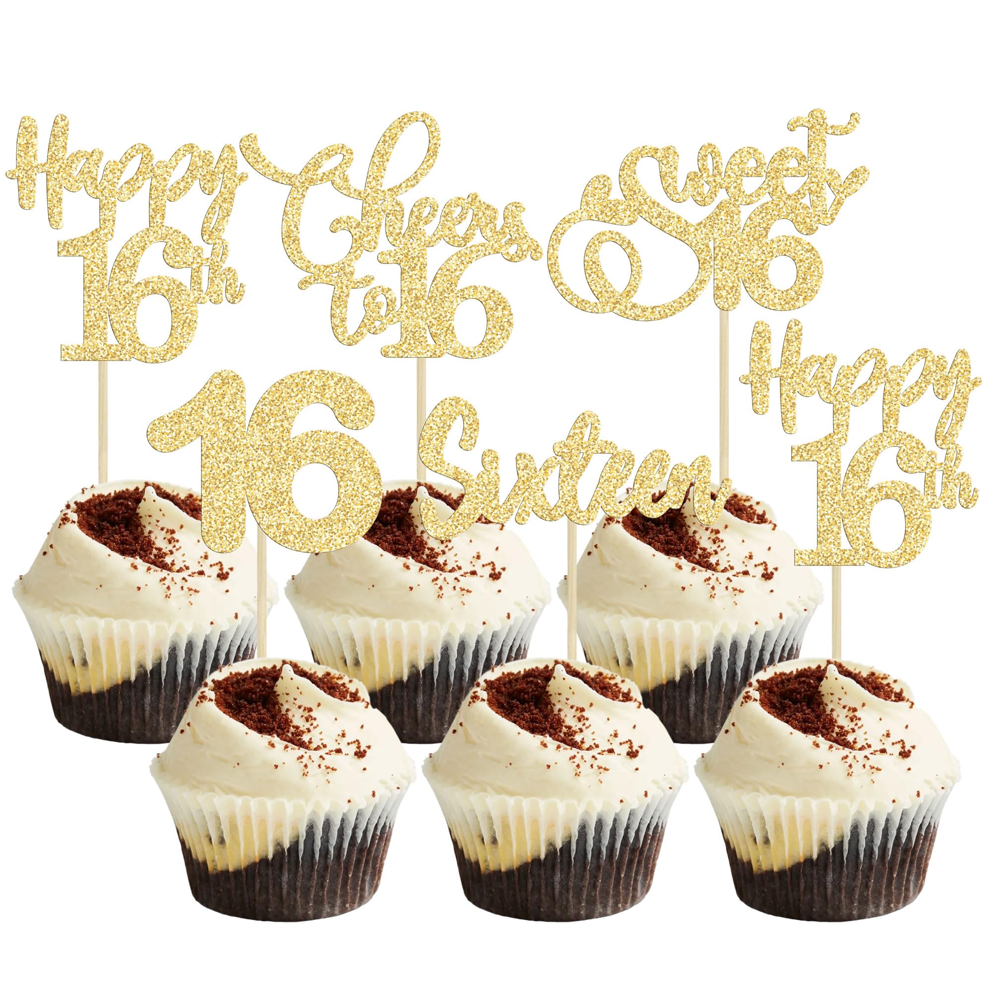 30 Pack Happy 16th Birthday Cupcake Toppers Gold Glitter Sweet 16 Cheers to 16 Years Old Birthday Cupcake Picks for Happy 16th Anniversary Party Cake