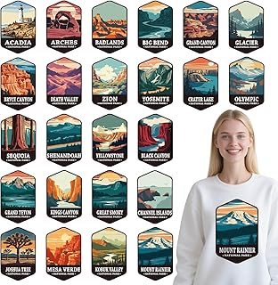 Dtf Transfers Ready to Press - 24 Pcs National Parks Iron on Patches for T-Shirts, Natural Scenery Mountain River Heat Transfer Designs Vinyl Stickers, Iron on Decals for DIY Clothes Bags