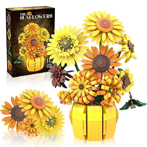 Mavo brix Flowers Building Sets for Adults, Van Gogh Prints Art Botanical Collection for Woman Girls 14+, Sunflowers Pot Bouquet Plants Kits Compatible with Lego Flowers, Home Decor