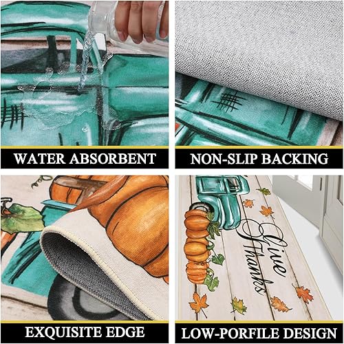 Miniatura 4 de Pauwer Juego de 3 alfombras de cocina de otoño, tapetes de piso de camión de calabaza, antideslizantes, lavables, alfombras de camino de cocina para