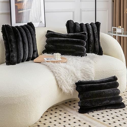 Miniatura 4 de Neelvin Juego de 2 fundas de almohada decorativas de piel sintética negra de 22 x 22 pulgadas, fundas de almohada de terciopelo para sofá
