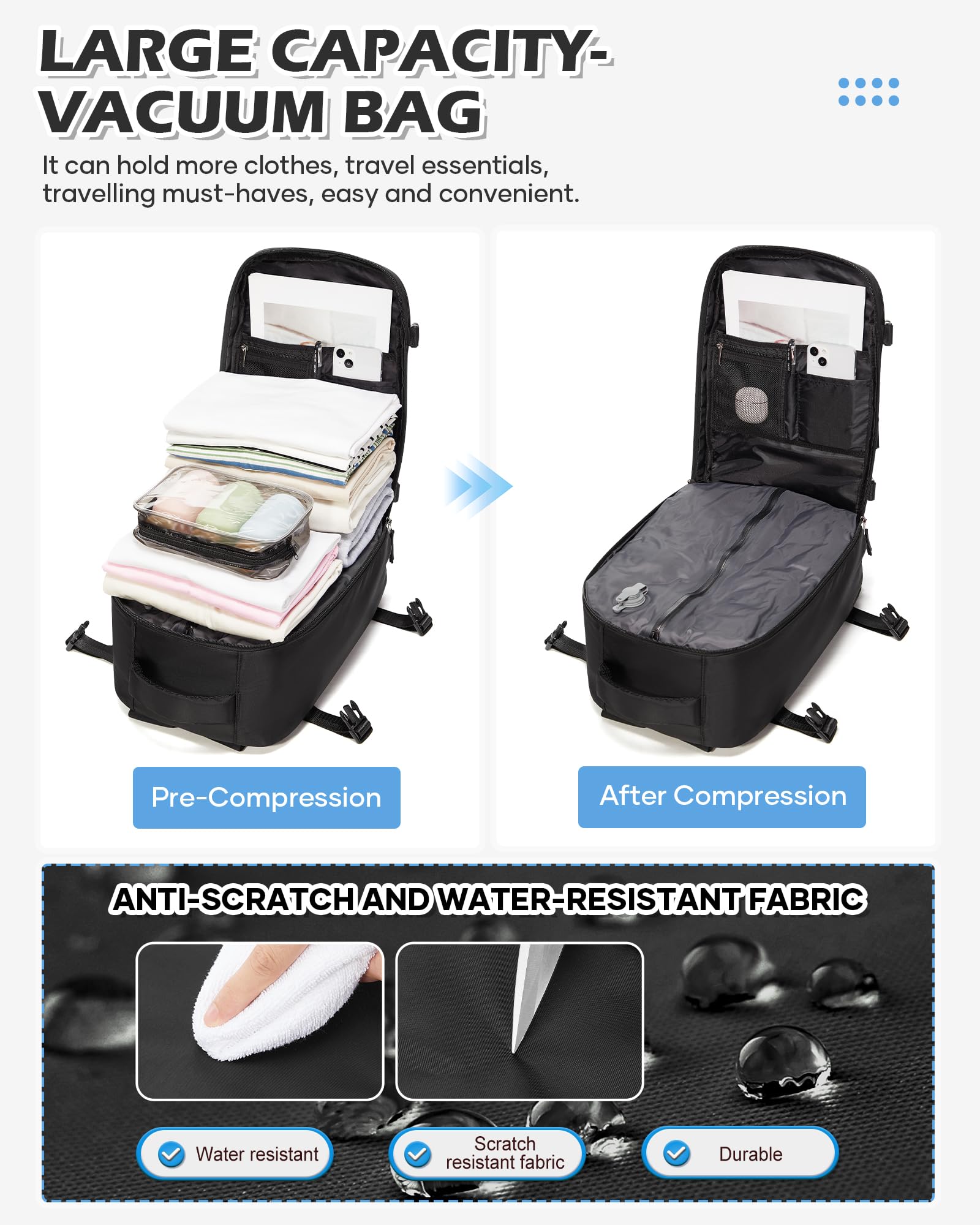 BJLFS Zaino da Viaggio con Sottovuoto Ryanair 40x30x20 Wizzair Bagaglio a mano 40x20x25 Ryanair con Pompa Borse da Cabina per Easyjet 45x36x20 con compressione sottovuoto,Zaino Casual per Laptop