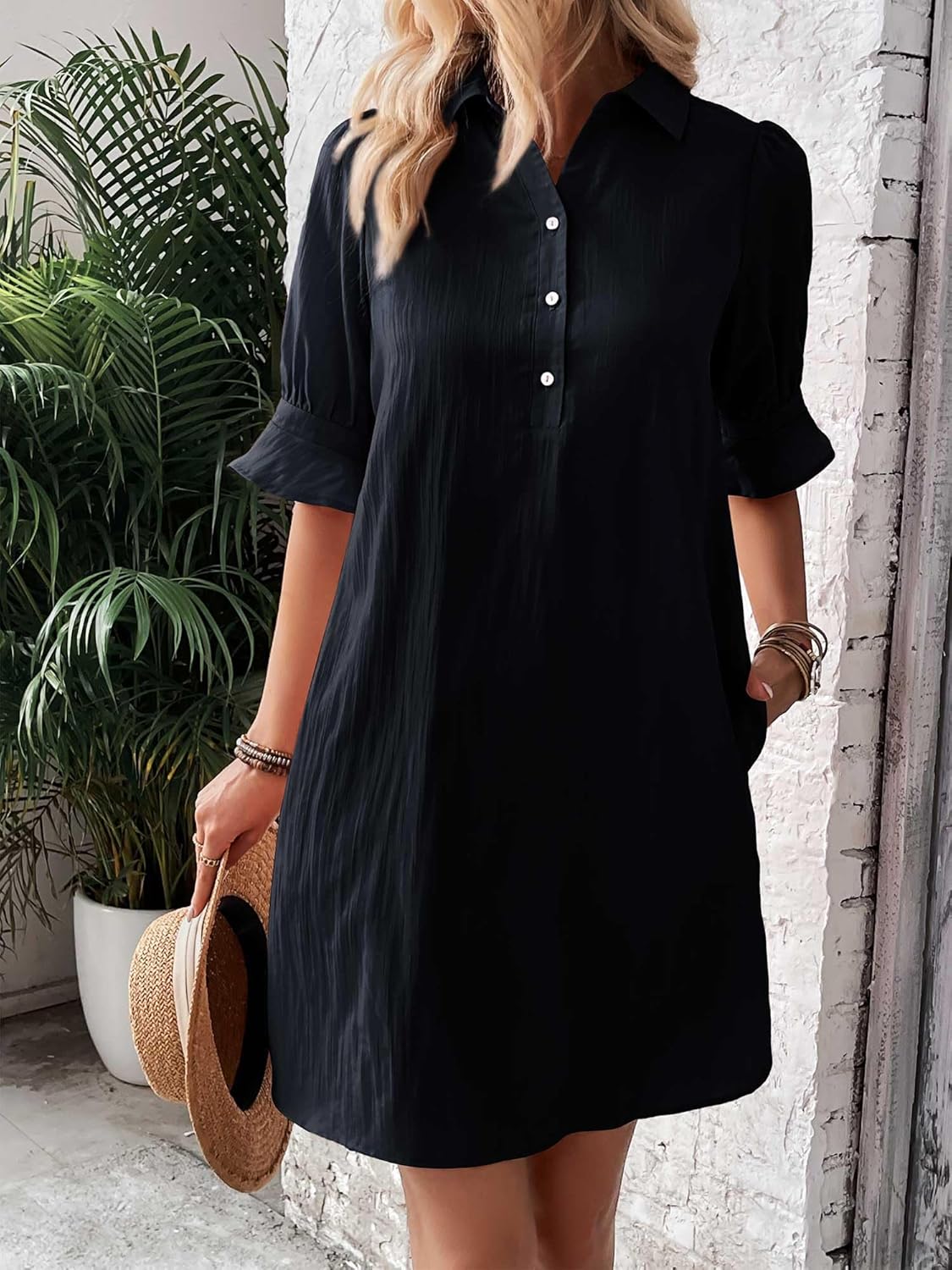 FENSACE Womens Casual Shirt Dress Ruffle Sleev Button Down Shift Summer Dresses with Pockets - Image 3