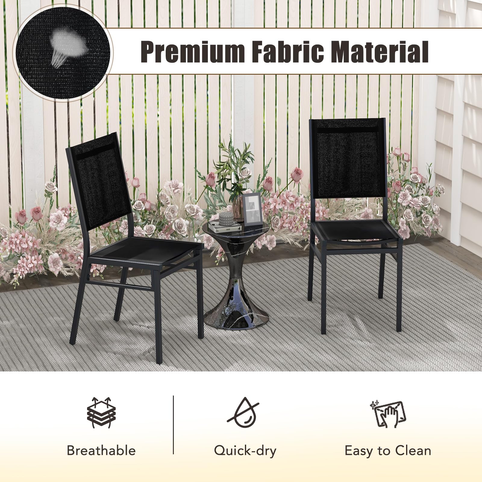 KOMFOTTEU Juego de 1/2 Sillas de Jardín de Tela, Silla Terraza Exterior con Marco de Aluminio, Asiento Económico con Respaldo Alto, Carga 150 kg, para Balcón, Patio, Negro (1)