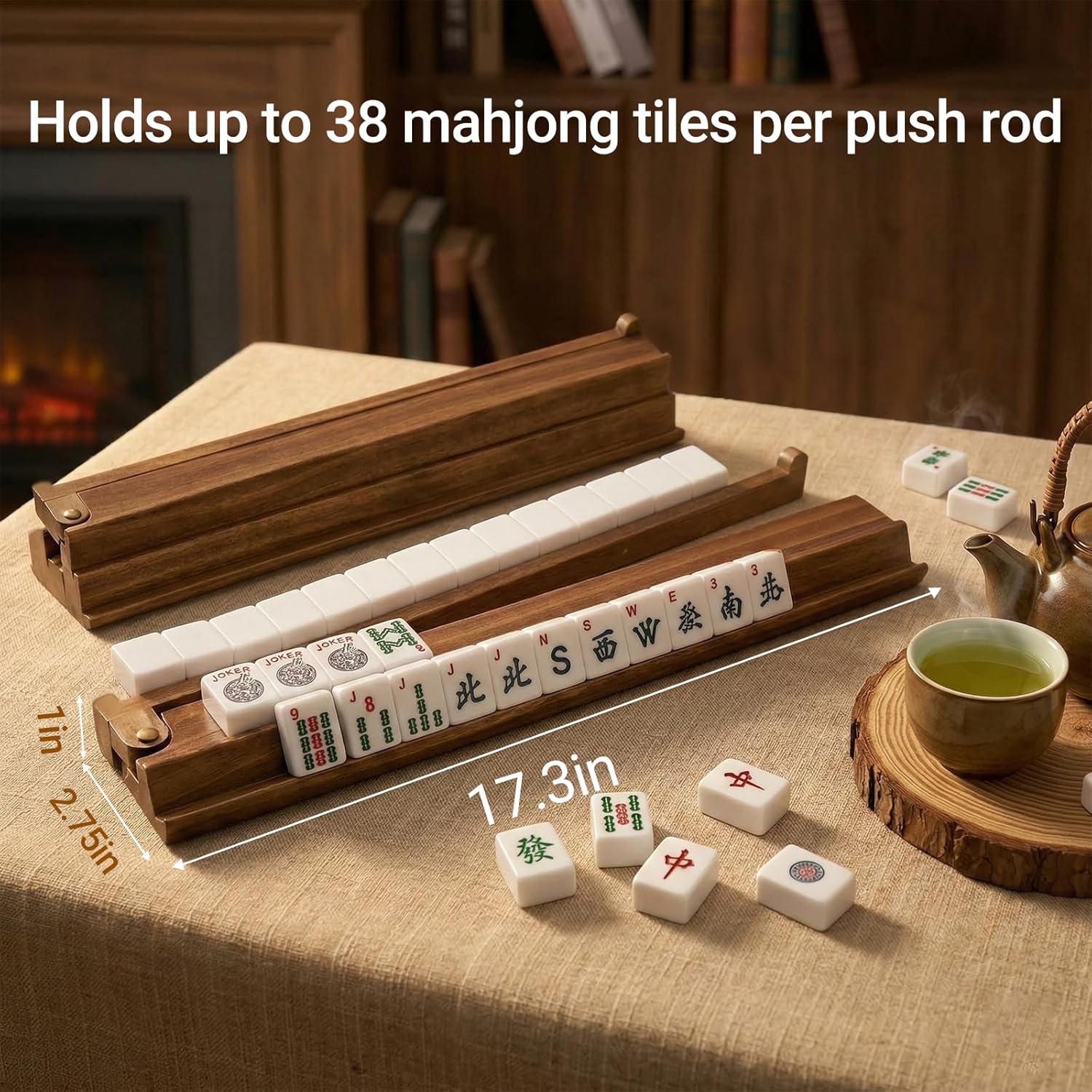 Wooden Mahjong Racks with Pushers Set of 4 – Premium Mahjong Tile Racks and Mahjong Pushers Combo, Essential Mahjong Accessories for American Mah Jongg/Dominoes - 17.5 Inches (Burnt Color)