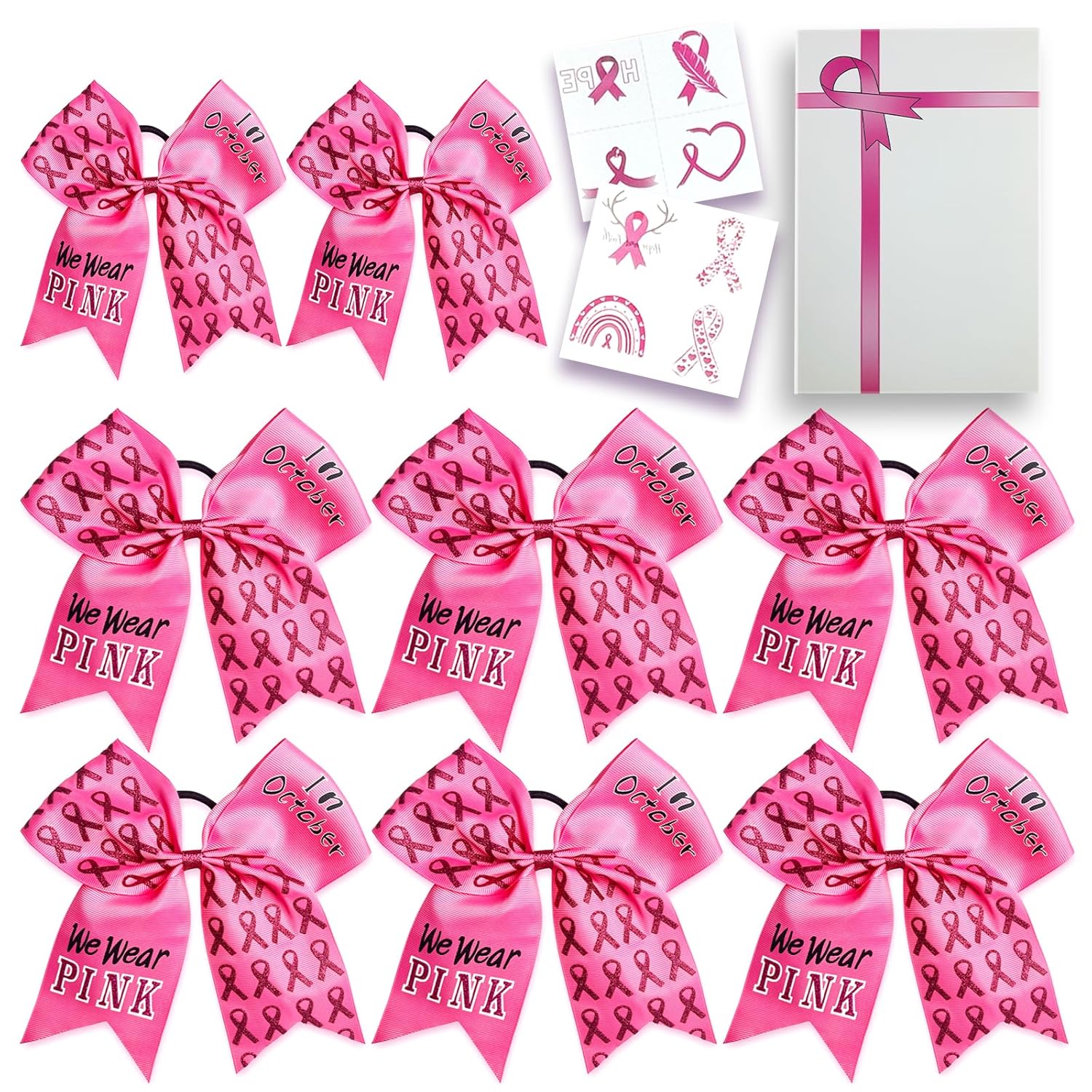 8 PCS 7 Inch Breast Cancer Awareness Cheer Bows Large Glitter Pink Ribbon Hair Bows Ponytail Holder Elastic Hair Ties Handmade for Teens Girls Women (Pink)