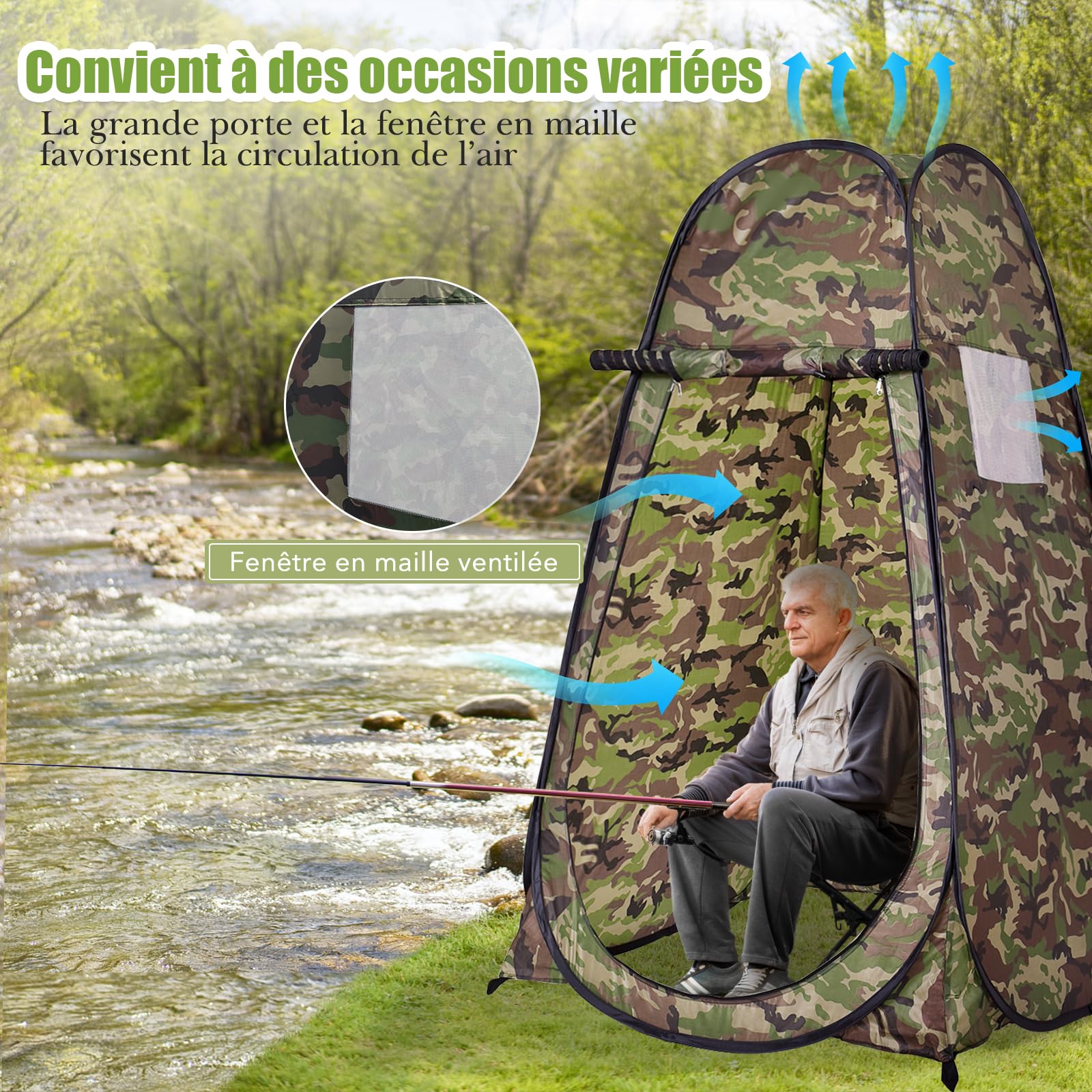 GYMAX Tente à Langer 1 Personne 120x120x190CM, Tente Pop Up, Toilette Portable avec Fenêtre, Sac de Rangemnt, Fermetures Éclair, Cadre en Acier, pour Extérieur, Camping, Randonnée, Pêche (Camouflage)