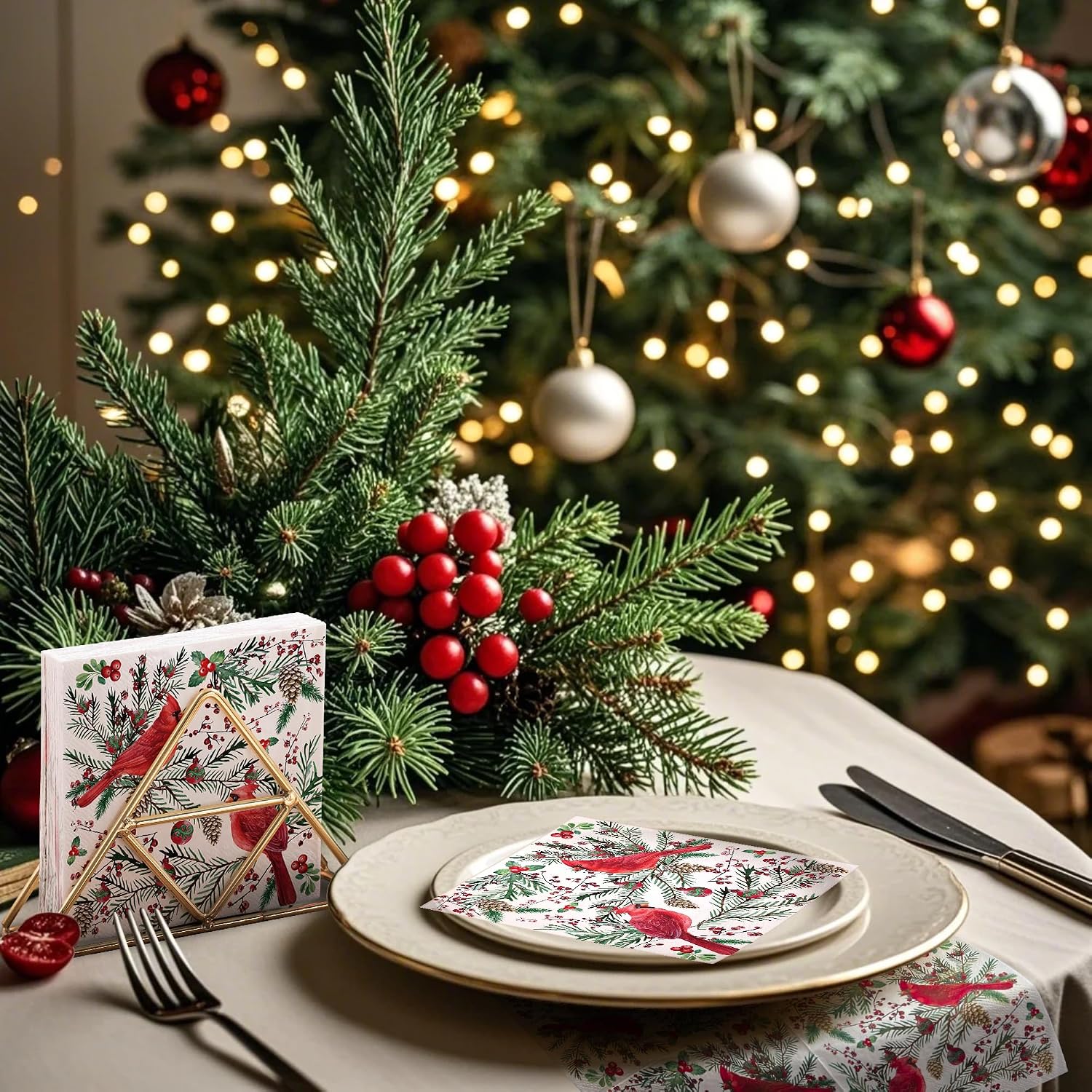 WRAPAHOLIC 50Pcs Cardinal Bird Christmas Paper Napkins - 3-Ply Disposable Cocktail Napkin for Christmas Party Supplies Tableware, Holiday Xmas Party Decorative Towels - 5 x 5 In