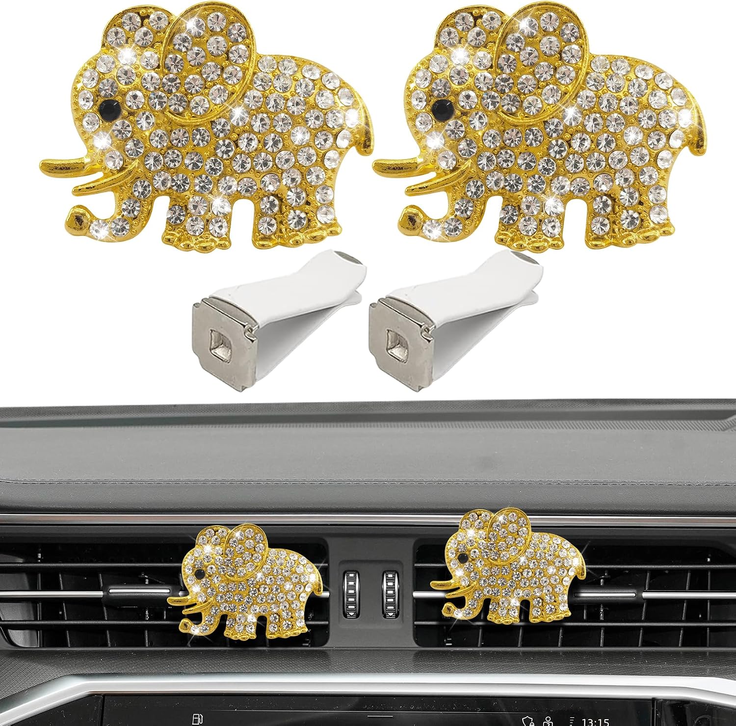2PCS Elephant-Shaped Car Vent Clips with Rhinestone, Car Vent Accessories, Elephant Design Auto Air Freshener Diffuser, Rhinestone Air Conditioner Outlet Clips for Women Girls (Gold, Elephant)
