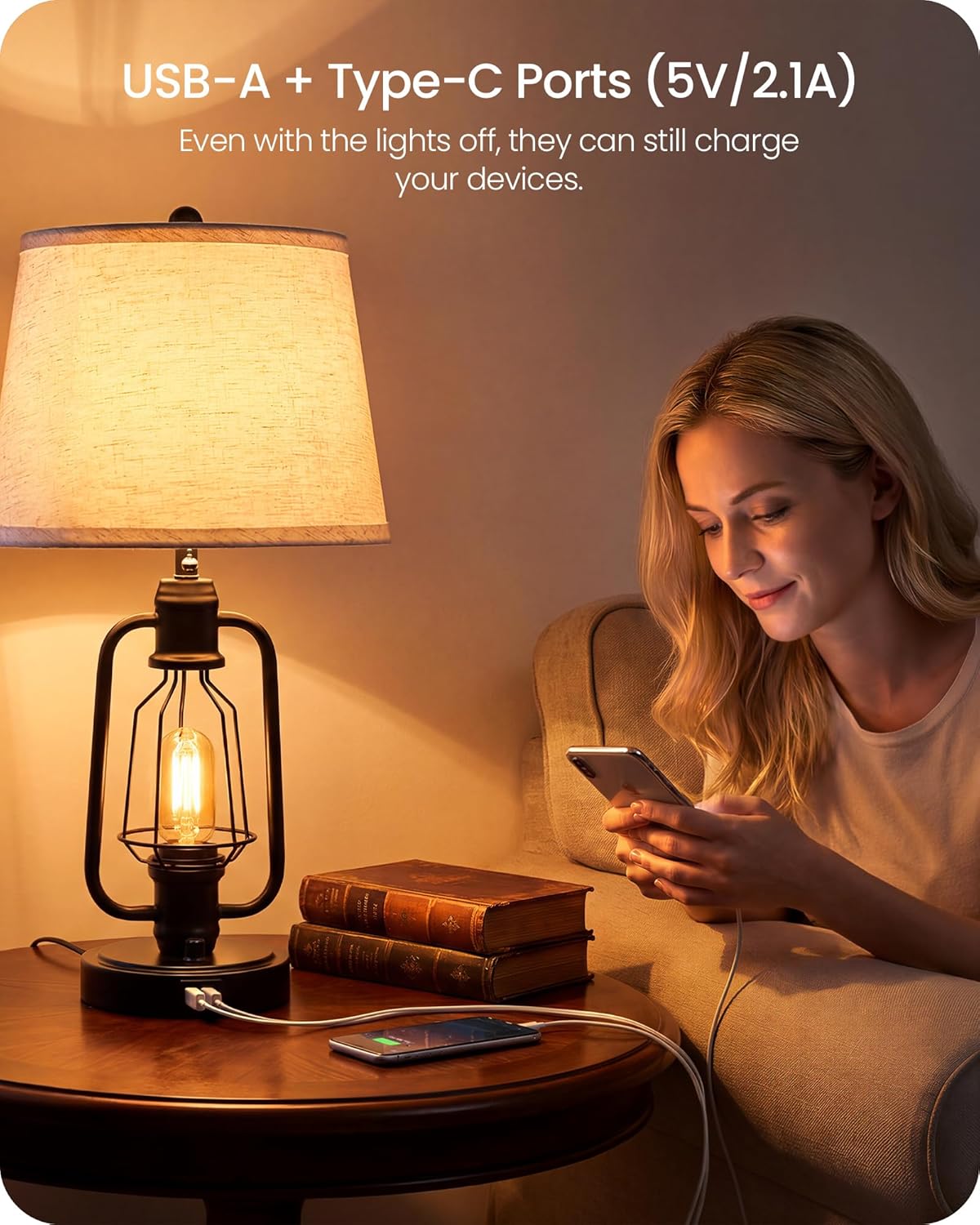 Farmhouse Table Lamps Set of 2, Industrial Bedside Table Lamps with USB Ports, Rustic Vintage Nightstand Desk Lamps for Living Room, Bedroom, 4 Bulbs Included, Beige and Black E14TLP205