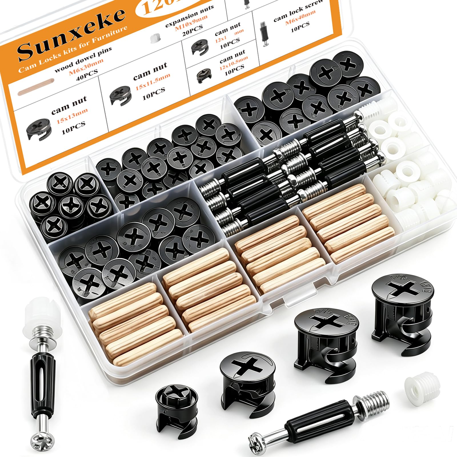 170PCS Cam Locks for Furniture,3-in-1 Eccentric Hardware Wheels,Furniture Fasteners & Connectors with Multi-Size Nuts,Bolts and Wood Dowel Pins-Assortment Kit for Furniture Assembly/Repair — Amazon image 7