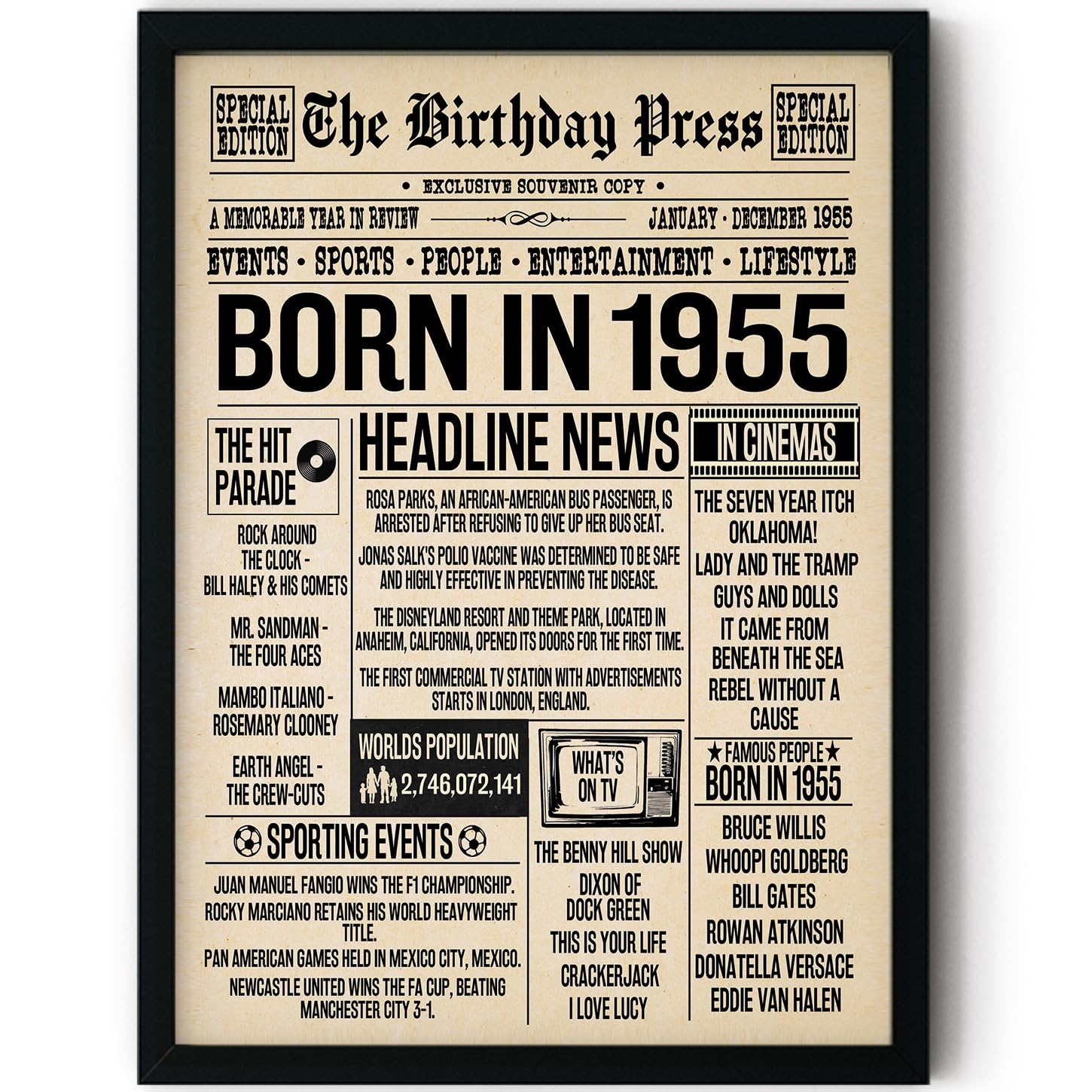 Stuff4 Men's 1955 71St Birthday Poster Framed - Born In Newspaper - Happy 71St Birthday Gifts For Wo Vintage Retro Back In 8X10 Inch Bday Party Decor Decoration