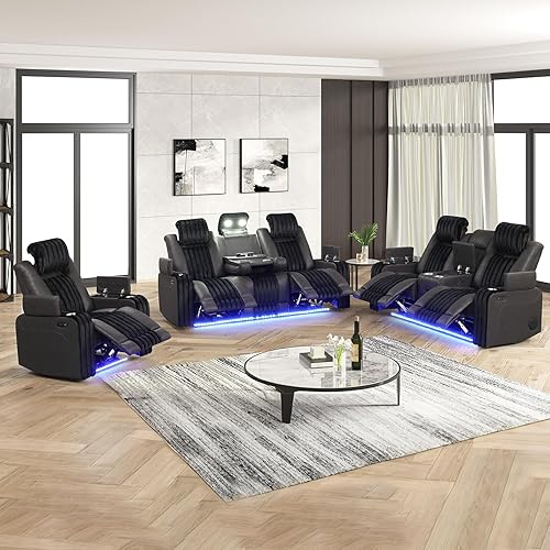 Juego de sofá reclinable eléctrico con luces LED, juego de sofá biplaza y sillón reclinable con reposacabezas y consola eléctrica, soporte para