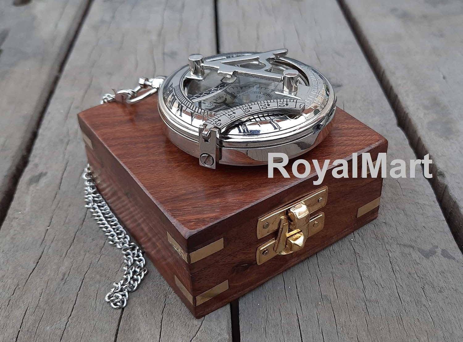 Royalmart Brass Sundial Compass with Brass Strip Push Button Open Mechanism Vintage Compass Engraved Compass Steampunk Accessory
