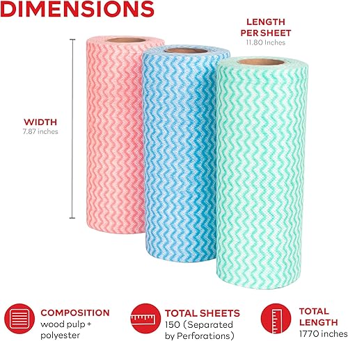 Miniatura 3 de XFasten Toallas de cocina desechables, 11.8 x 7.87 pulgadas, juego de 3 (rojo, verde, azul, 150 hojas en total), paños de limpieza lavables y