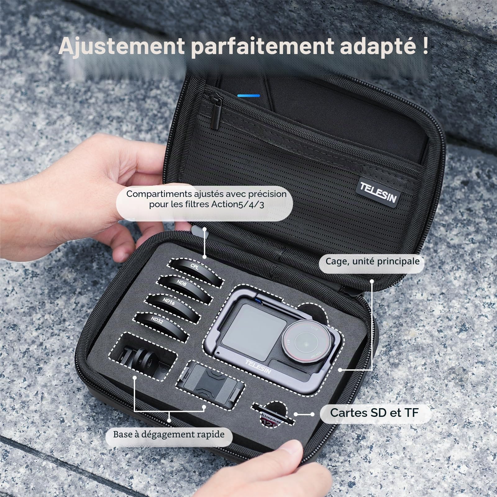 TELESIN Sac de transport pour DJI Osmo Action 5 Pro/4/3, sac de rangement portable en polyuréthane, sac de voyage de protection rigide pour Osmo Action 5 Pro/4/3, accessoires de caméra d'action