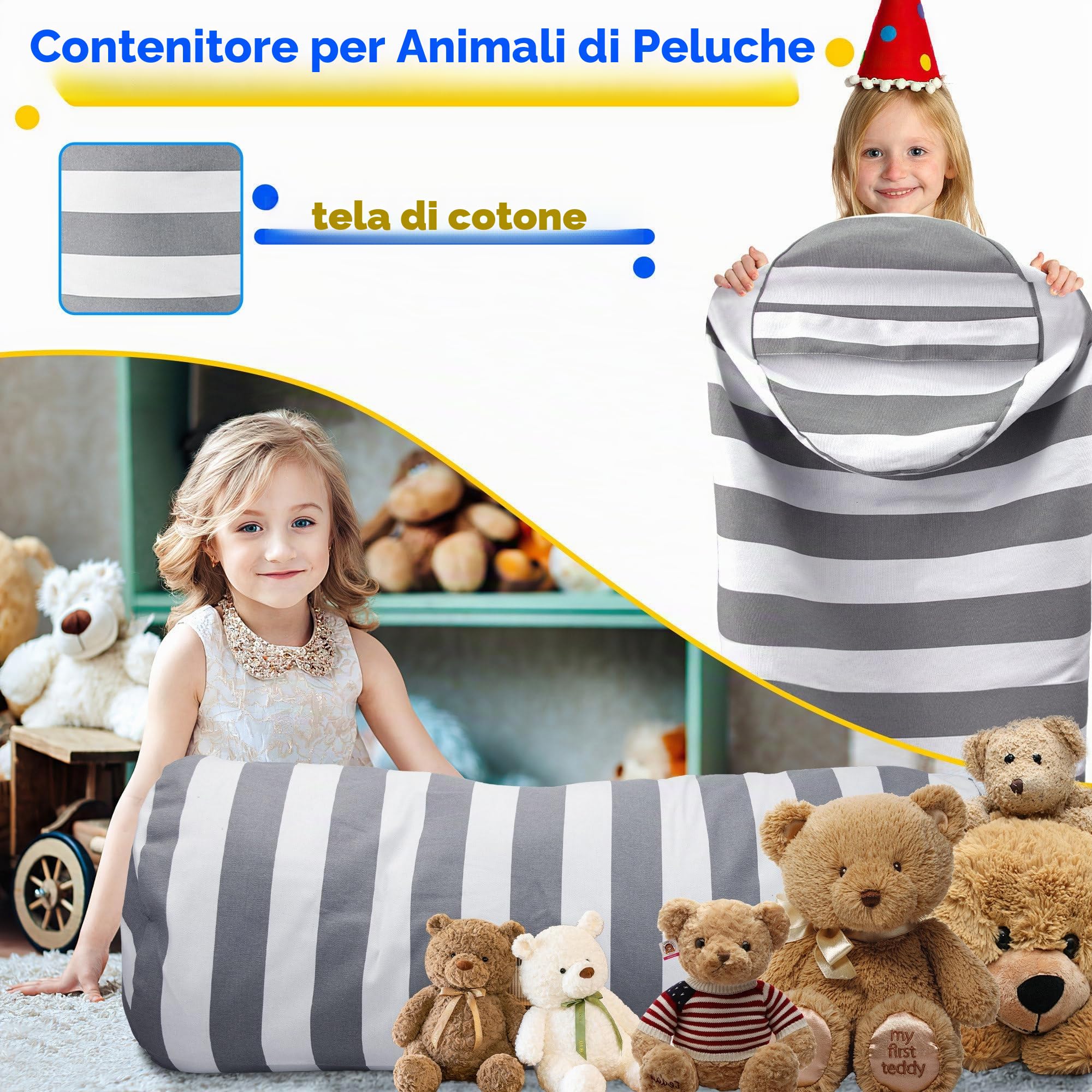 Pouf a sacco per riporre giocattoli di peluche, per bambini e bambine, con cerniera a tutta lunghezza, decorazione per mobili, per organizzare, sedersi, giocare e scatolare