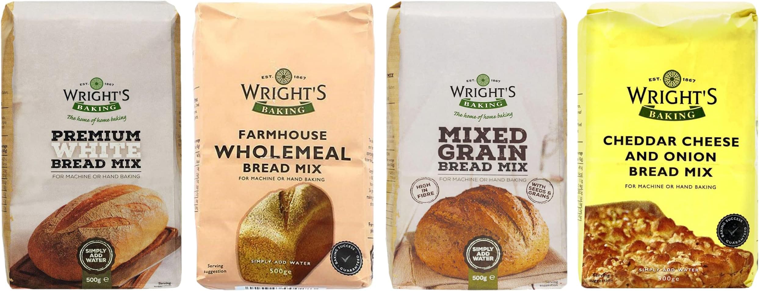 Wright's Baking Bread Mix Selection Pack - Premium White, Farmhouse Wholemeal, Mixed Grain, Cheddar Cheese & Onion (One of Each 500g),500 g (Pack of 4)