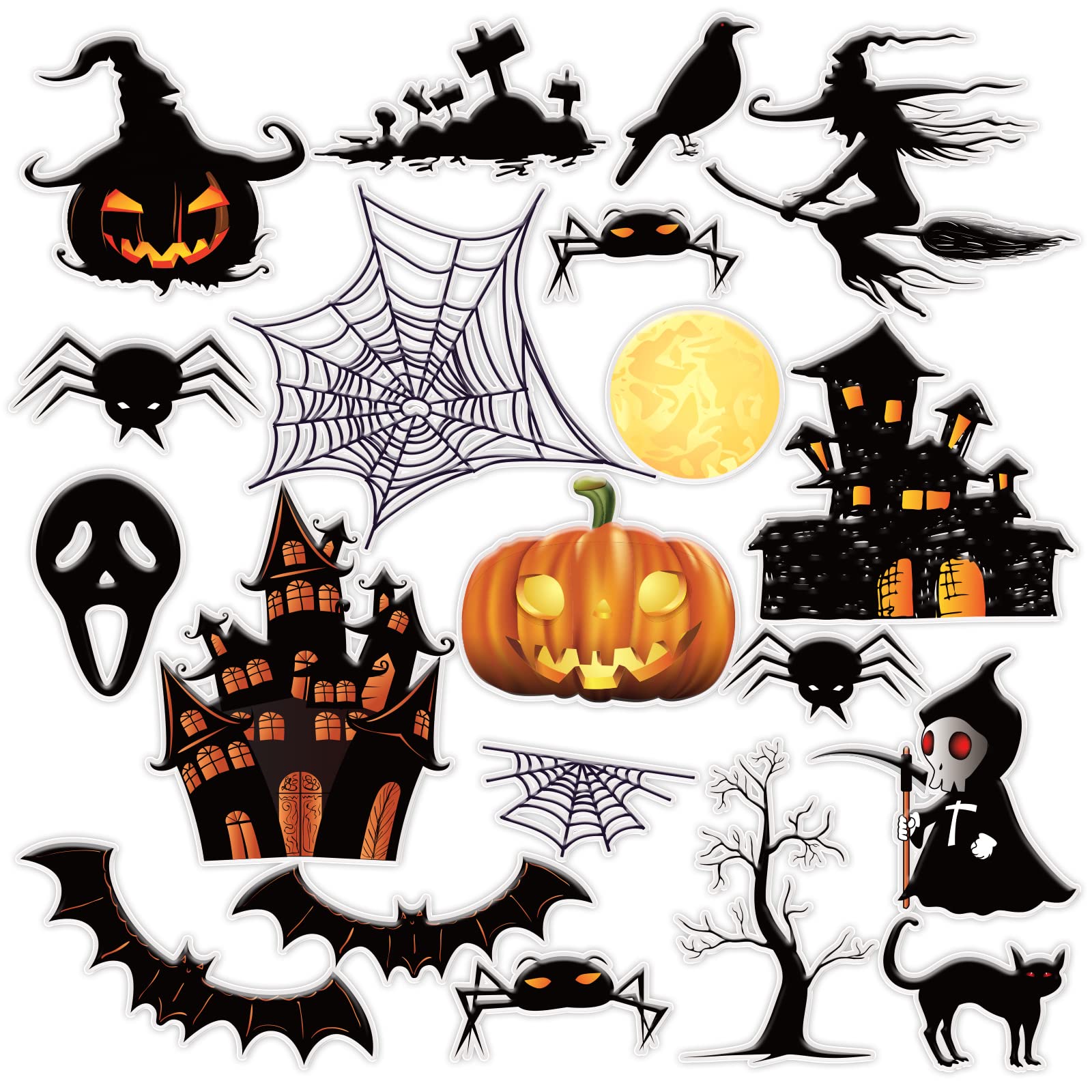 Halloween Thick Gel Decals for Glass & Mirror - Scary Window Clings - Spooky Spider, Bat, Witch & Pumpkin - Reusable