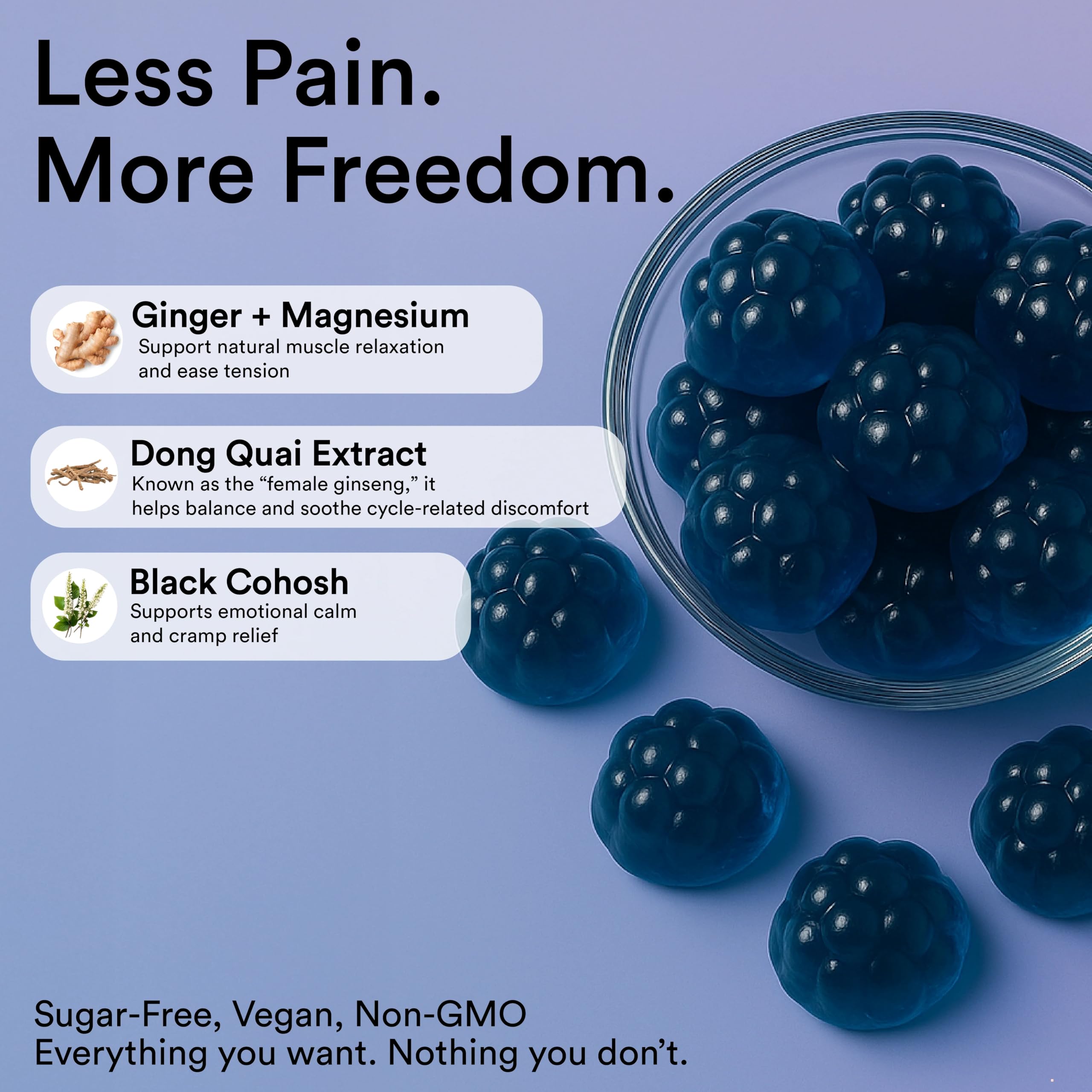 riev Cramp Crusher Gummies – Soothe the Cycle Storm, Natural Plant-Based Formula with Ginger, Dong Quai & Magnesium – Vegan, Non-GMO, No Sugar – Ginger Berry Flavor – 30 Gummies — Amazon image 3