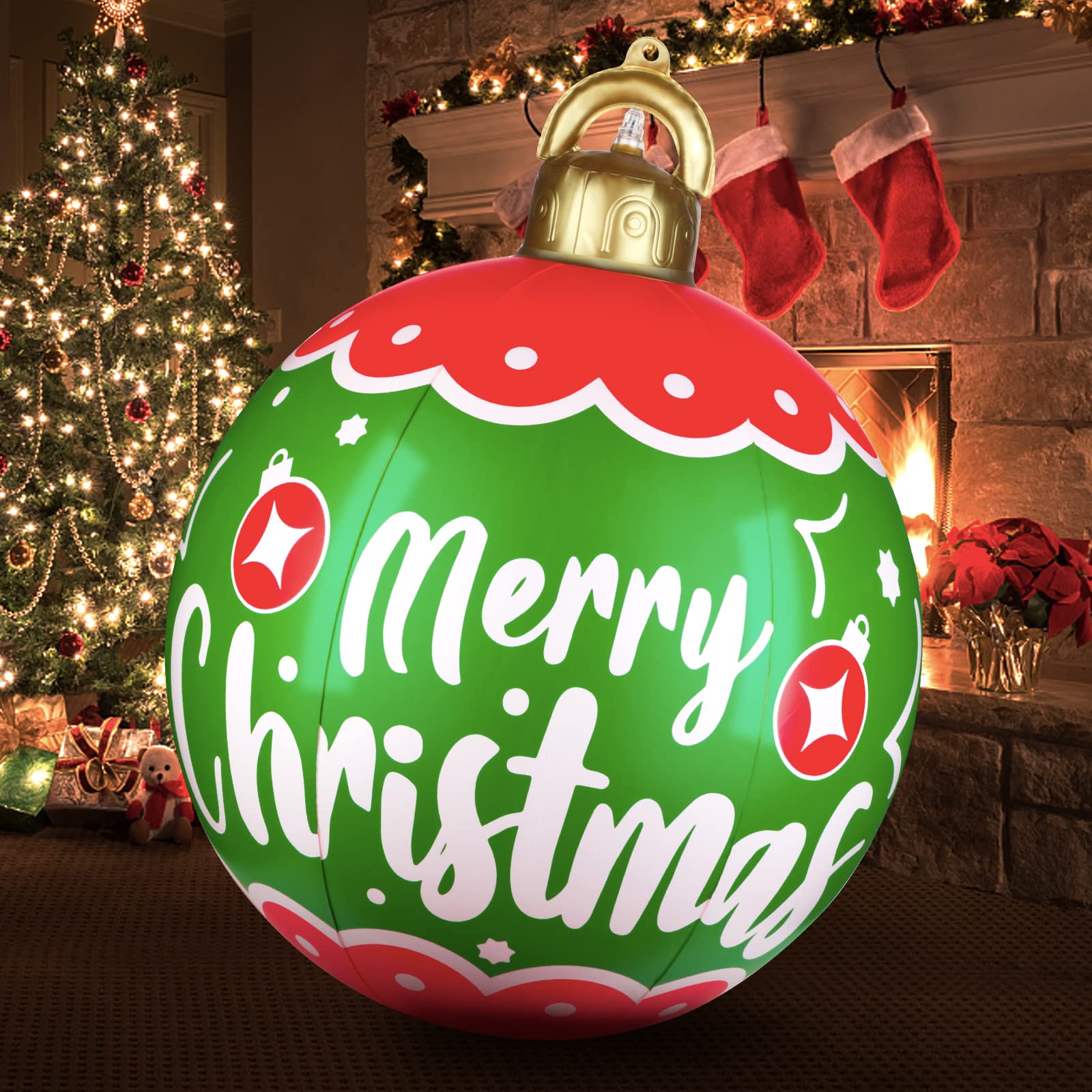 Light Up PVC Inflatable Christmas Ball,24 Inch Large PVC Inflatable Outdoor Christmas Decorated Ball with Light,Remote,Stand Firmly on The Yard, Holiday Yard Lawn Porch Pool Tree Decor