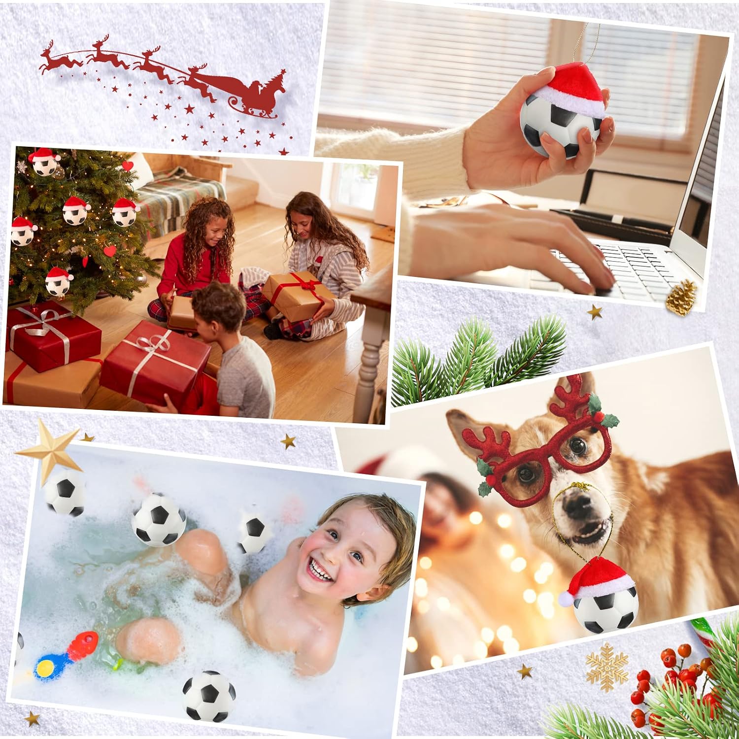 HyDren 12 Pcs Christmas Ball Ornaments 2.4" Santa Hat Tree Decor, Soccer