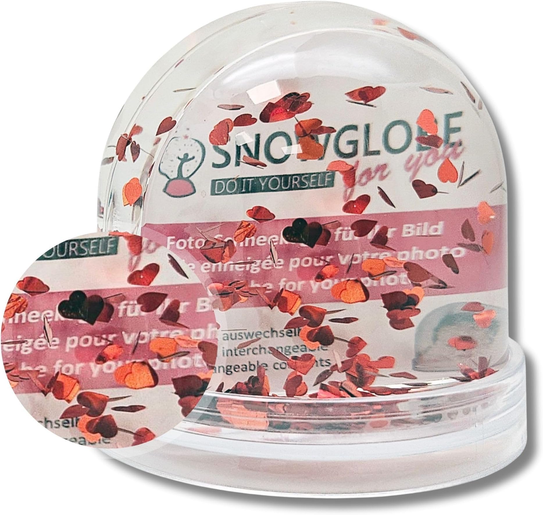 Photo Snow Globe Large with Hearts Red with 2 x Pictures Front and Back Transparent Base Width 9 cm Height 8 cm 2 Colouring Pages Photo Gift Love Picture Frame 50009