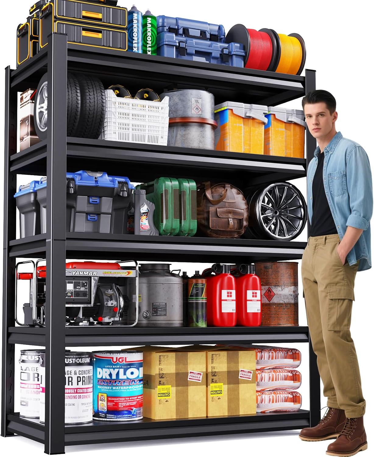 72" H Garage Shelving Units Garage Storage Shelves 5T Metal Shelf Heavy Duty Shelving Unit Adjutable Industrial Utility Shelf Storage Rack for Warehouse, Basement,72" H*36" W*16" D