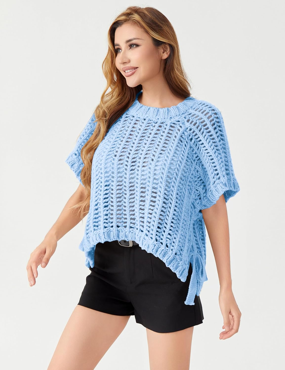 Womens Crochet Knit Sweater Vest Crop Top Cute Loose Fit Short Sleeve Side Bow Tie Hollow Out Pullover Tank Tops - Image 2
