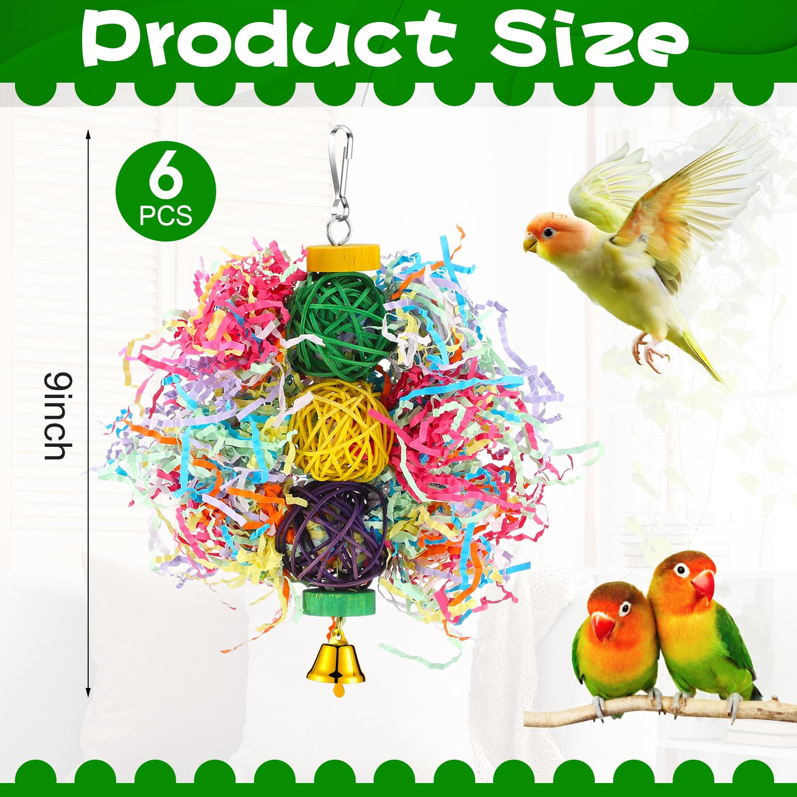 Tasdurian 6 Pcs Bird Toy Parrot Chew Toy for Large Birds Rattan Ball Crinkle Paper Bird Shredding Toys Parrots Cage Accessories with Bell for African g Parrots Cockatoos Macaws Small Medium Parrot - image 2
