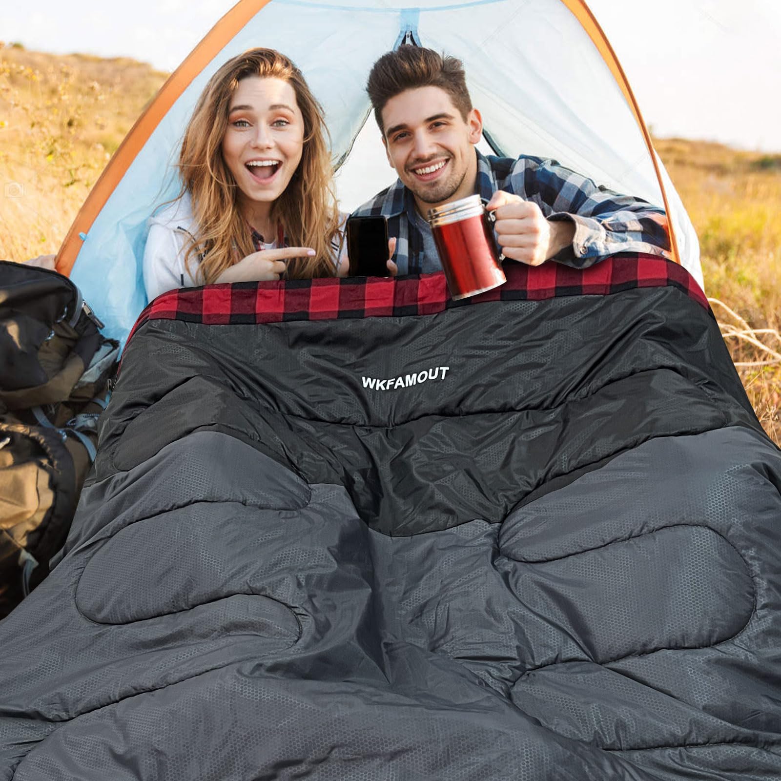 Sac de Couchage Double en Flanelle pour Adultes XXL Sac de Couchage 2 Personnes Confortable pour Camping Tentes Camion Randonnée Extérieur Intérieur 220x150CM
