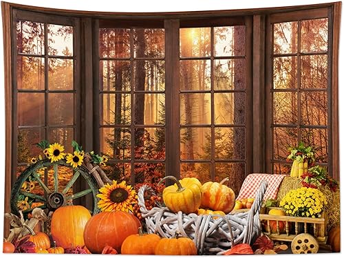 Miniatura 2 de HVEST Tapiz de otoño con árbol de arce, bosque, paisaje exterior, ventana, para dormitorio, girasol, calabaza, Acción de Gracias, tapiz de pared