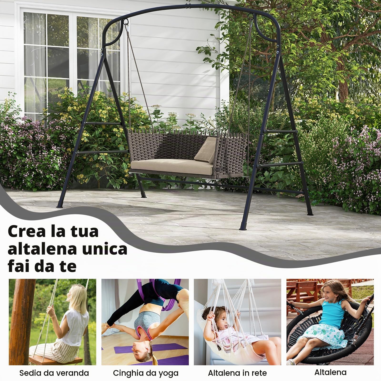 KOMFOTTEU Supporto per altalena in metallo, telaio per dondolo da giardino a forma di A, telaio per panca sospesa con carico di 300 kg, telaio con 2 anelli per balcone, veranda, 180 x 133 x 182 cm