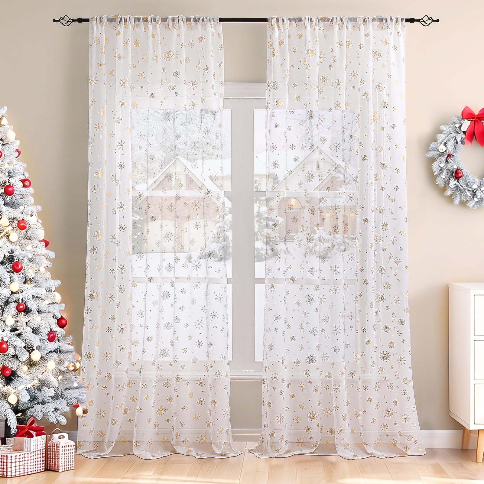 Lot de 2 Rideaux de Noël, Rideaux Voilage Blanc Transparents | 140x260cm Rideaux Décorations Festives pour Salon, Chambre, Fenêtres